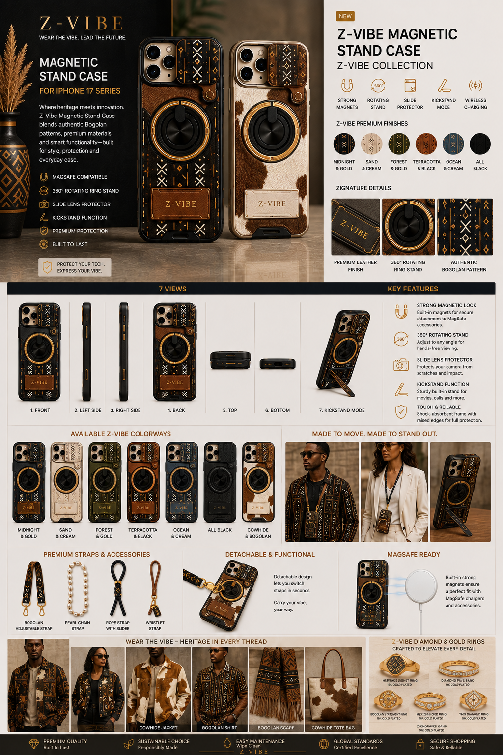 Magnetic Stand Case — Héritage Panel — Women — House · Cowhide & Bogolan seven-view specification plate; showing 01 Front, 02 Left, 03 Right, 04 Back, 05 Interior, 06 Inner tags, 07 Fabric detail. — 01 Front, Midnight & Gold