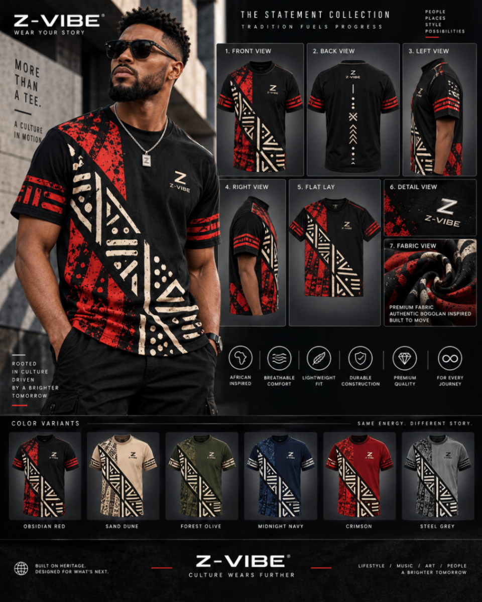 Men · Z-Vibe Statement Tee Boards™ — approved Z-Vibe design board with Bogolan detailing