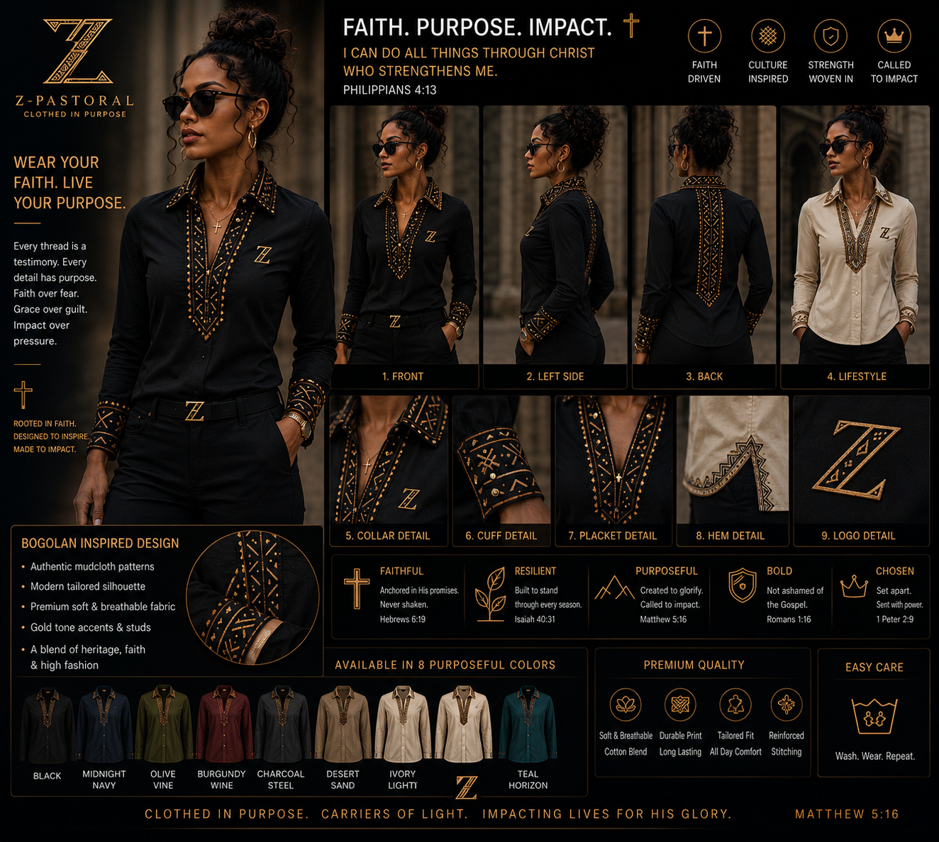Bogolan Studded Tailored Shirt — Women — Men — House · Sanctus Héritage seven-view specification plate; showing 01 Front, 02 Left, 03 Right, 04 Back, 05 Interior, 06 Inner tags, 07 Fabric detail. — 01 Front, Black