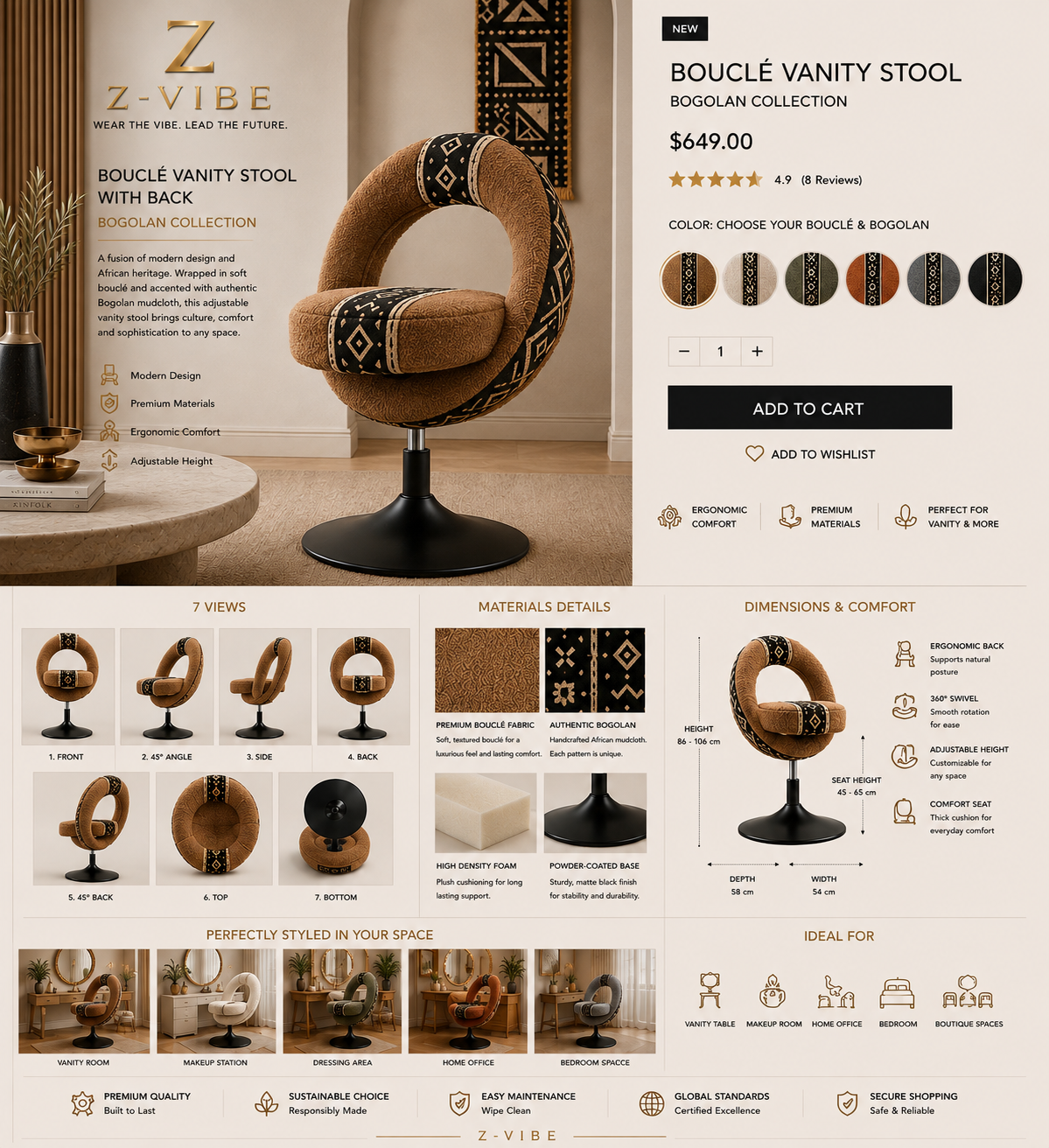 Bouclé Vanity Stool — Tan design board