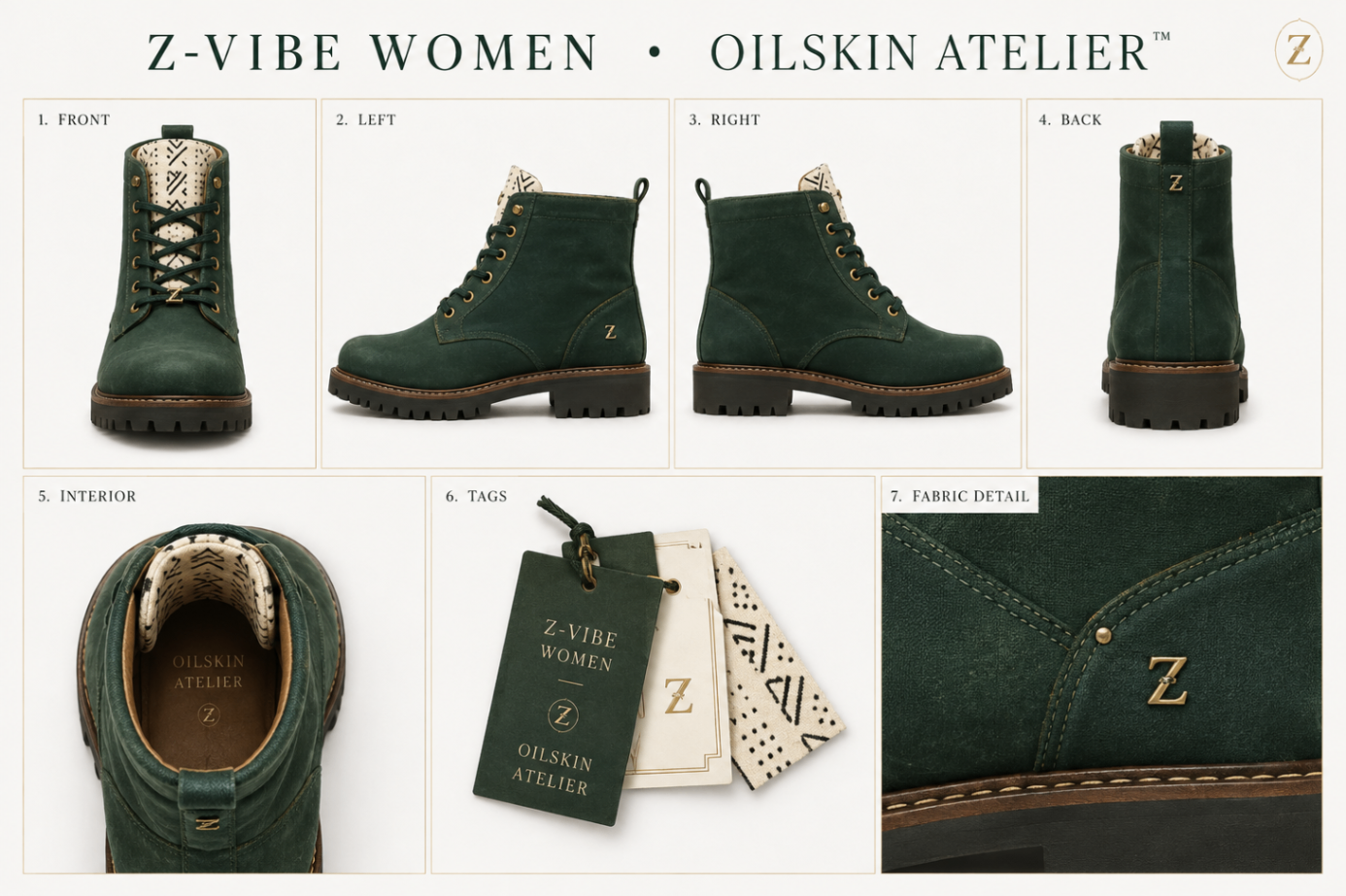 Oilskin Atelier Boot — Women — House · Z-Vibe Footwear seven-view specification plate; showing 01 Front, 02 Left, 03 Right, 04 Back, 05 Interior, 06 Inner tags, 07 Fabric detail. — 01 Front, Espresso Wax