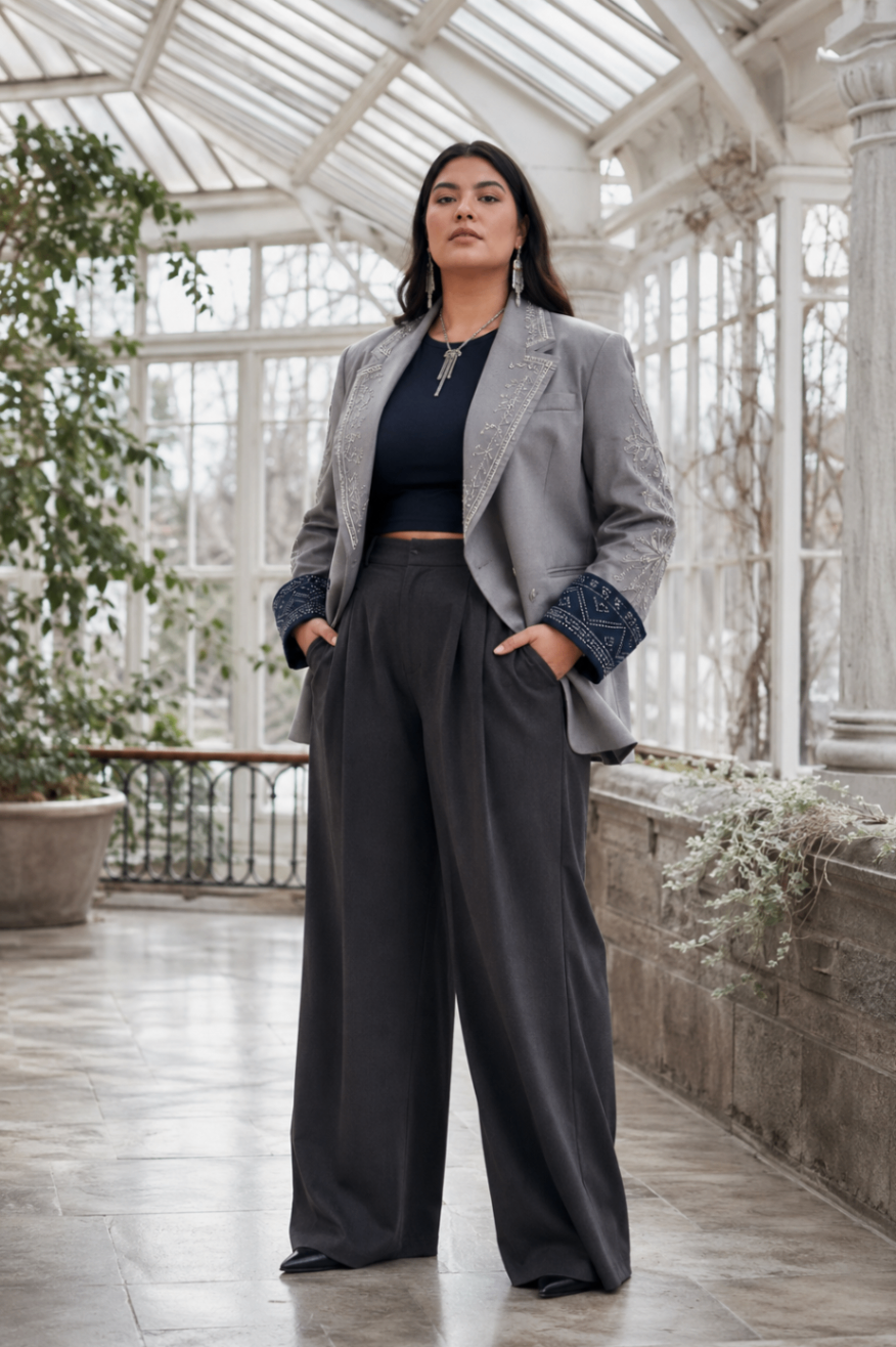 Silver Beaded Indigo Cuff Suit — Women — House · Z-Vibe Heritage Boards™ seven-view specification plate; showing 01 Front, 02 Left, 03 Right, 04 Back, 05 Interior, 06 Inner tags, 07 Fabric detail. — 01 Front, Silver Grey