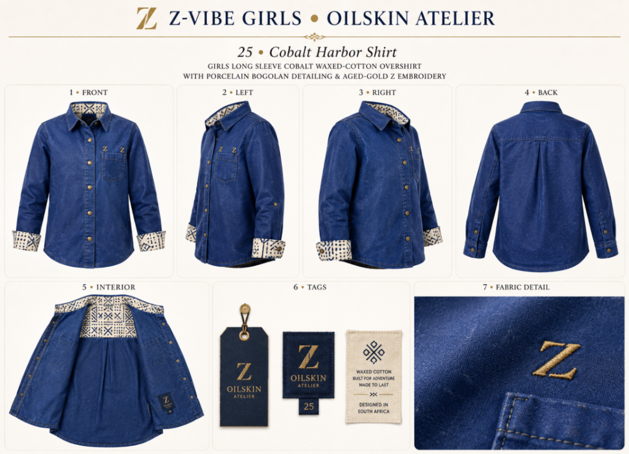 Cobalt Harbor Shirt — Girls — House · Z-Vibe Oilskin Atelier seven-view specification plate; showing 01 Front, 02 Left, 03 Right, 04 Back, 05 Interior, 06 Inner tags, 07 Fabric detail. — 01 Front, Cobalt