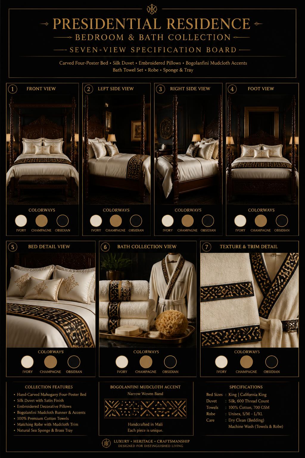 Résidence™ Bedroom & Bath — Royalty · Maison seven-view specification plate; showing 01 Front, 02 Left, 03 Right, 04 Back, 05 Interior, 06 Inner tags, 07 Fabric detail. — 01 Front, Winter Ivory