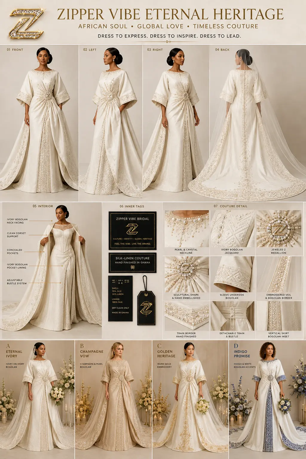 01 Front — Eternal Heritage Bridal — Bridal · Couture seven-view specification plate; showing 01 Front, 02 Left, 03 Right, 04 Back, 05 Interior, 06 Inner tags, 07 Fabric detail; made in 70% silk / 30% linen, silk lining, pearl and crystal hand embroidery; shown in Eternal Ivory, Champagne Vow, Golden Heritage, Indigo Promise.
