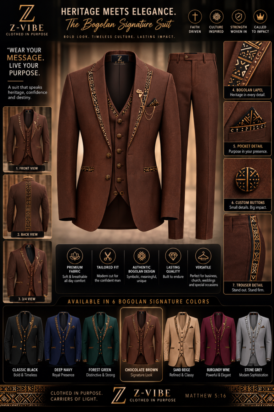 Bogolan Signature Suit — Men — Men · Clothed in Purpose seven-view specification plate; showing 01 Front, 02 Left, 03 Right, 04 Back, 05 Interior, 06 Inner tags, 07 Fabric detail. — 01 Front, Classic Black