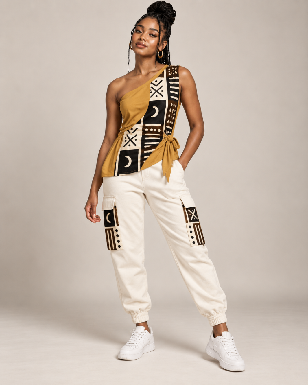 Ochre One-Shoulder Tie Top & Ivory Cargo Joggers — Women — House · Z-Vibe Bogolan Lounge™ seven-view specification plate; showing 01 Front, 02 Left, 03 Right, 04 Back, 05 Interior, 06 Inner tags, 07 Fabric detail. — 01 Front, Ochre / Ivory