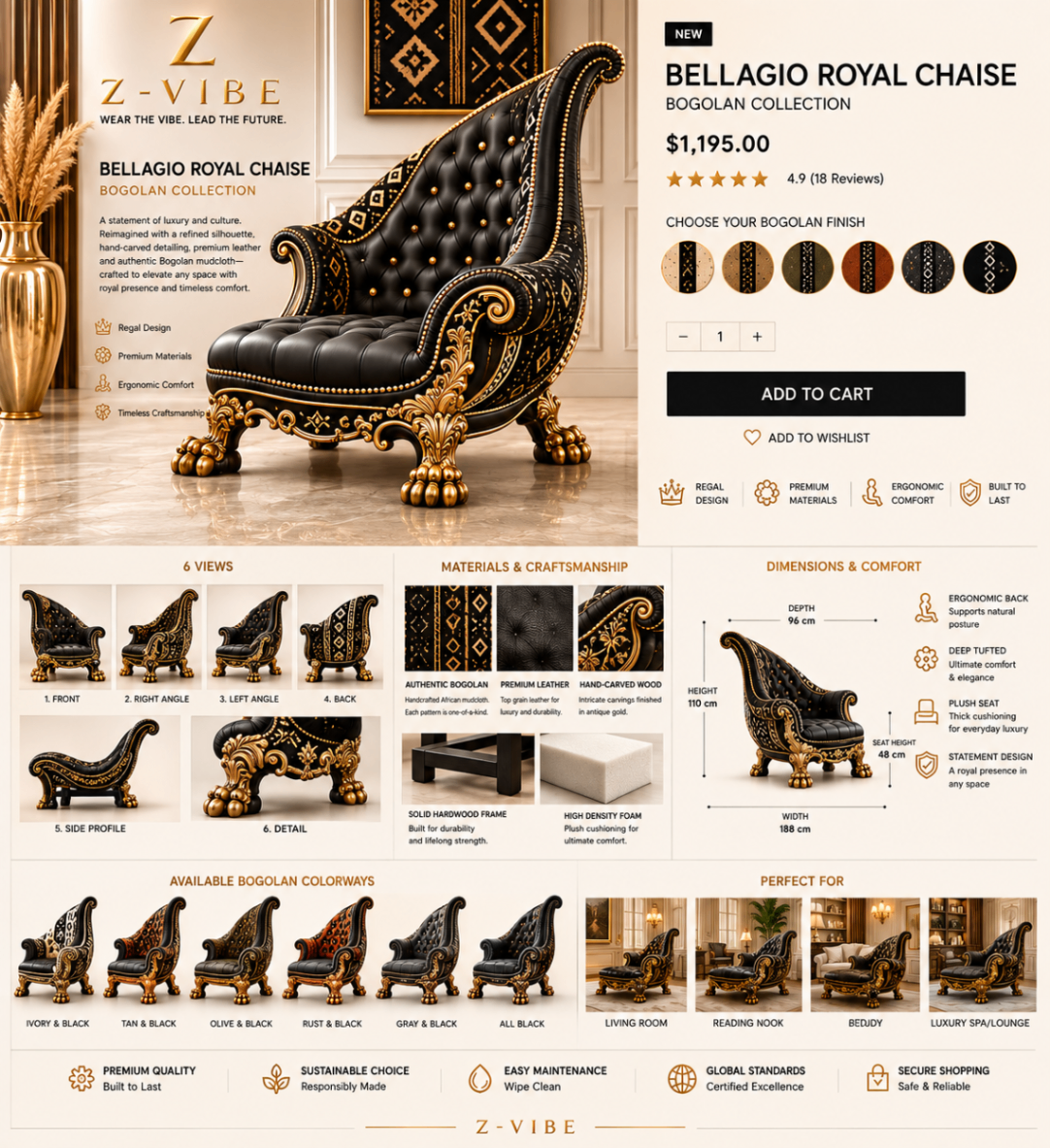Bellagio Royal Chaise — Noir & Gold — Maison · Furniture seven-view specification plate; showing 01 Front, 02 Right angle, 03 Left angle, 04 Back, 05 Side profile, 06 Top view, 07 Detail.