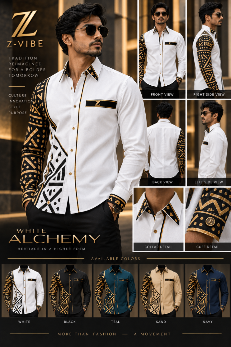 Men · Z-Vibe Atelier Shirts™ VI — approved Z-Vibe design board with Bogolan detailing