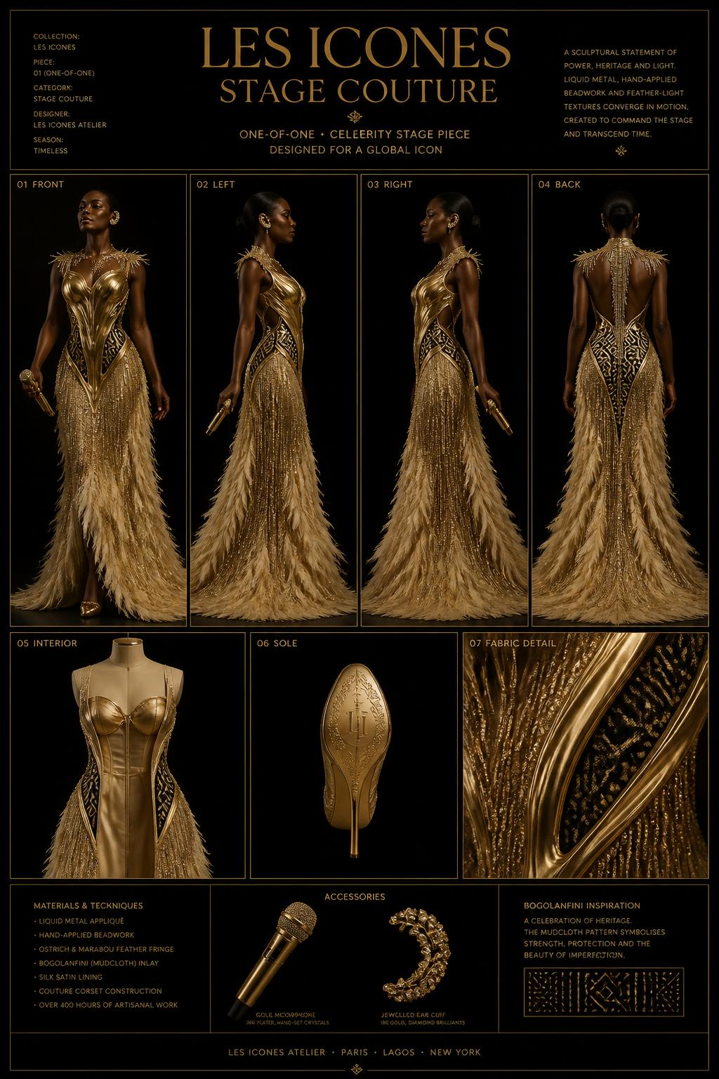 Les Icônes™ Stage Couture — Icônes · Stage seven-view specification plate; showing 01 Front, 02 Left, 03 Right, 04 Back, 05 Interior, 06 Inner tags, 07 Fabric detail. — 01 Front, Liquid Gold