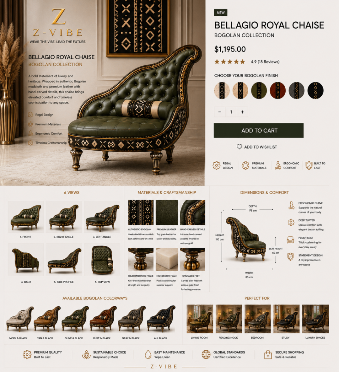 Bellagio Royal Chaise — Olive Leather — Maison · Furniture seven-view specification plate; showing 01 Front, 02 Right angle, 03 Left angle, 04 Back, 05 Side profile, 06 Top view, 07 Detail.