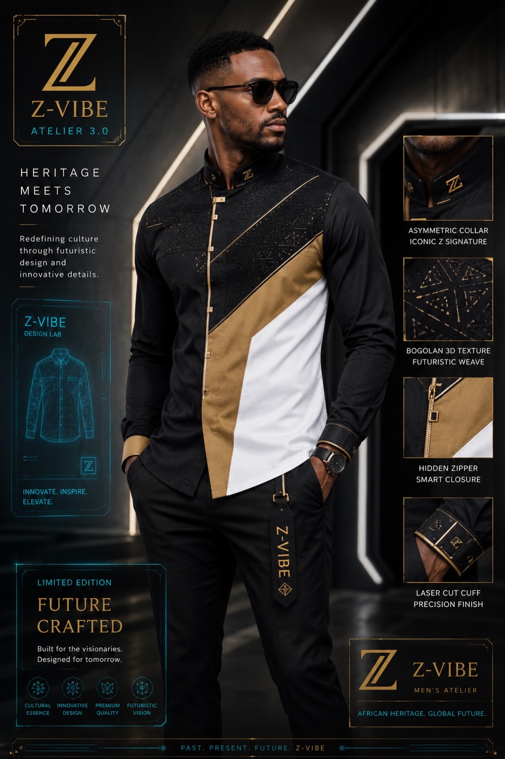 Men · Z-Vibe Atelier Shirts™ VII — approved Z-Vibe design board with Bogolan detailing