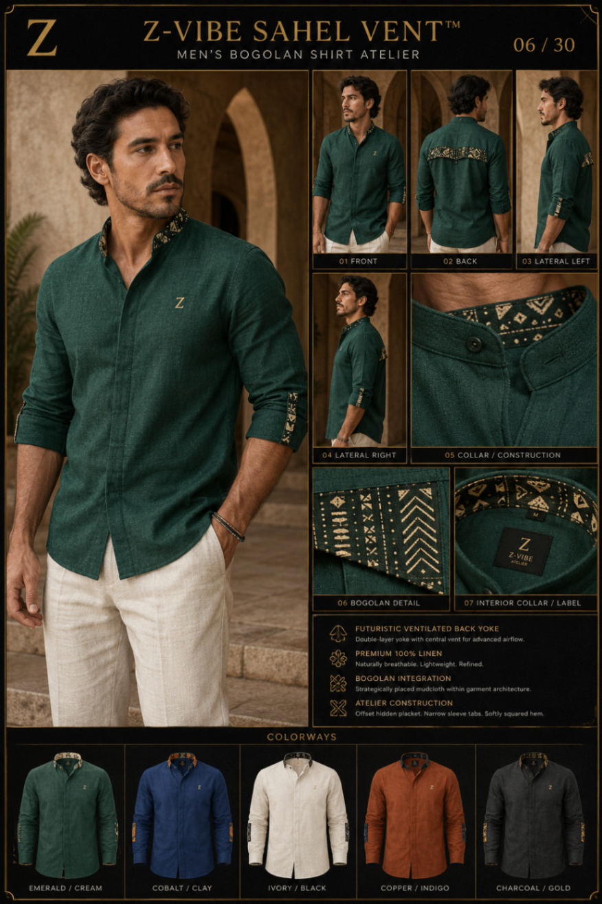 Men · Z-Vibe Atelier Shirts™ XIV — approved Z-Vibe design board with Bogolan detailing