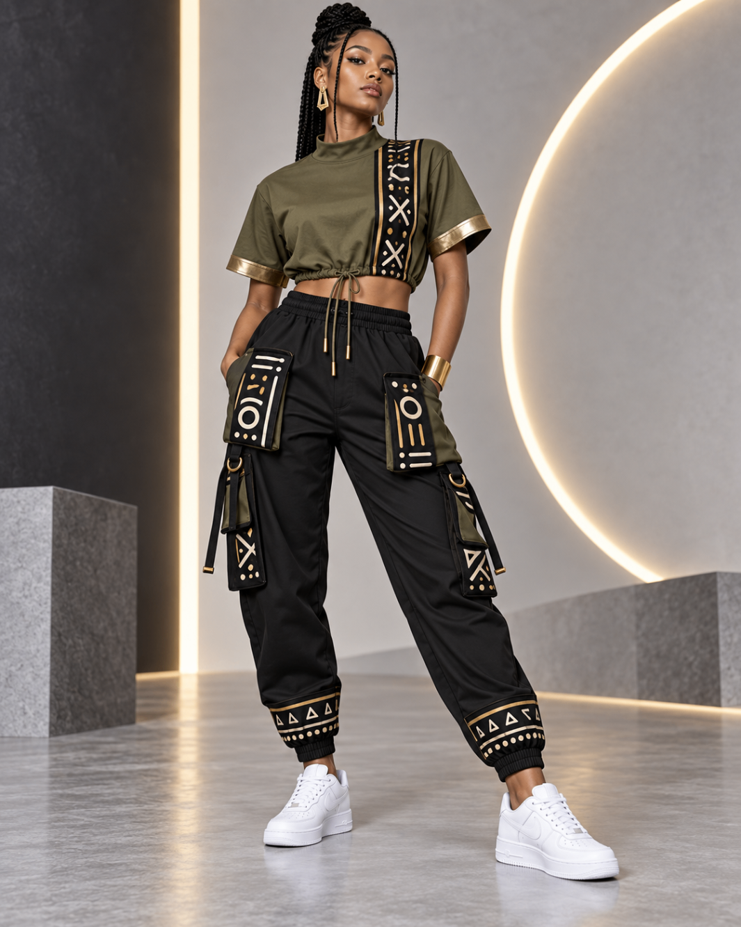Olive Drawstring Crop & Black Cargo Joggers — Women — House · Z-Vibe Bogolan Lounge™ seven-view specification plate; showing 01 Front, 02 Left, 03 Right, 04 Back, 05 Interior, 06 Inner tags, 07 Fabric detail. — 01 Front, Olive / Black