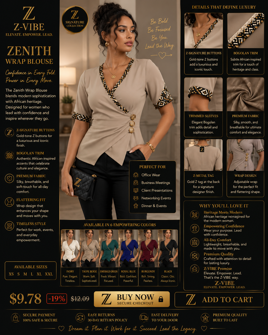 Zenith Wrap Blouse — Women — House · Z-Vibe Signature Collection seven-view specification plate; showing 01 Front, 02 Left, 03 Right, 04 Back, 05 Interior, 06 Inner tags, 07 Fabric detail. — 01 Front, Ivory