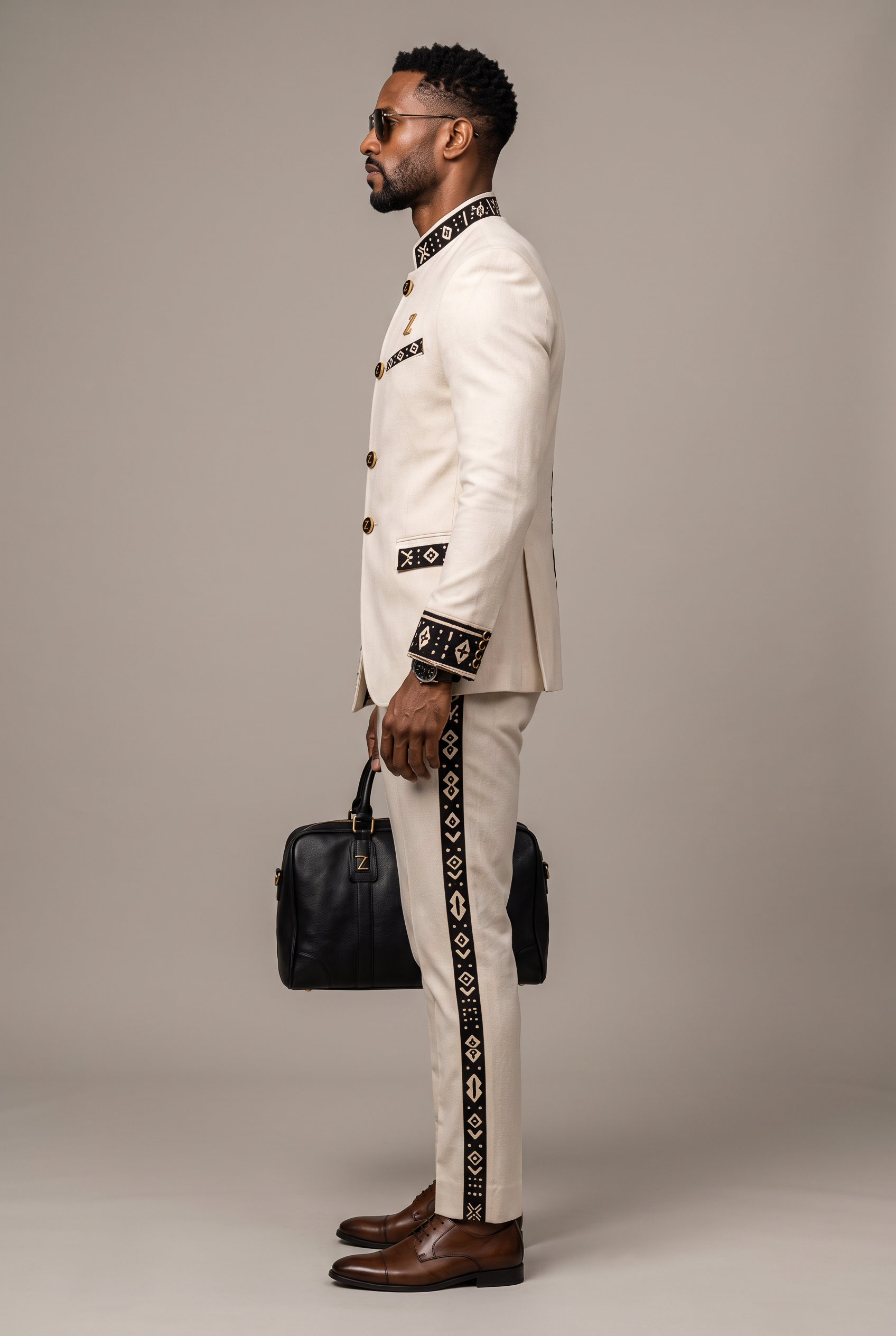 Bogolan Prestige Suit · Ivory Heritage — Men, 03 Right (view 3 of 7). Right profile: waist shaping, pocket line and the house Z mark.