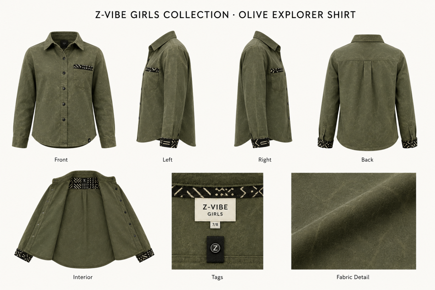 Olive Explorer Shirt — Girls — House · Z-Vibe Oilskin Atelier™ seven-view specification plate; showing 01 Front, 02 Left, 03 Right, 04 Back, 05 Interior, 06 Inner tags, 07 Fabric detail. — 01 Front, Olive