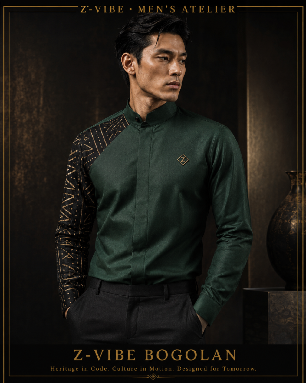 Men · Z-Vibe Heritage Atelier Shirts™ — approved Z-Vibe design board with Bogolan detailing