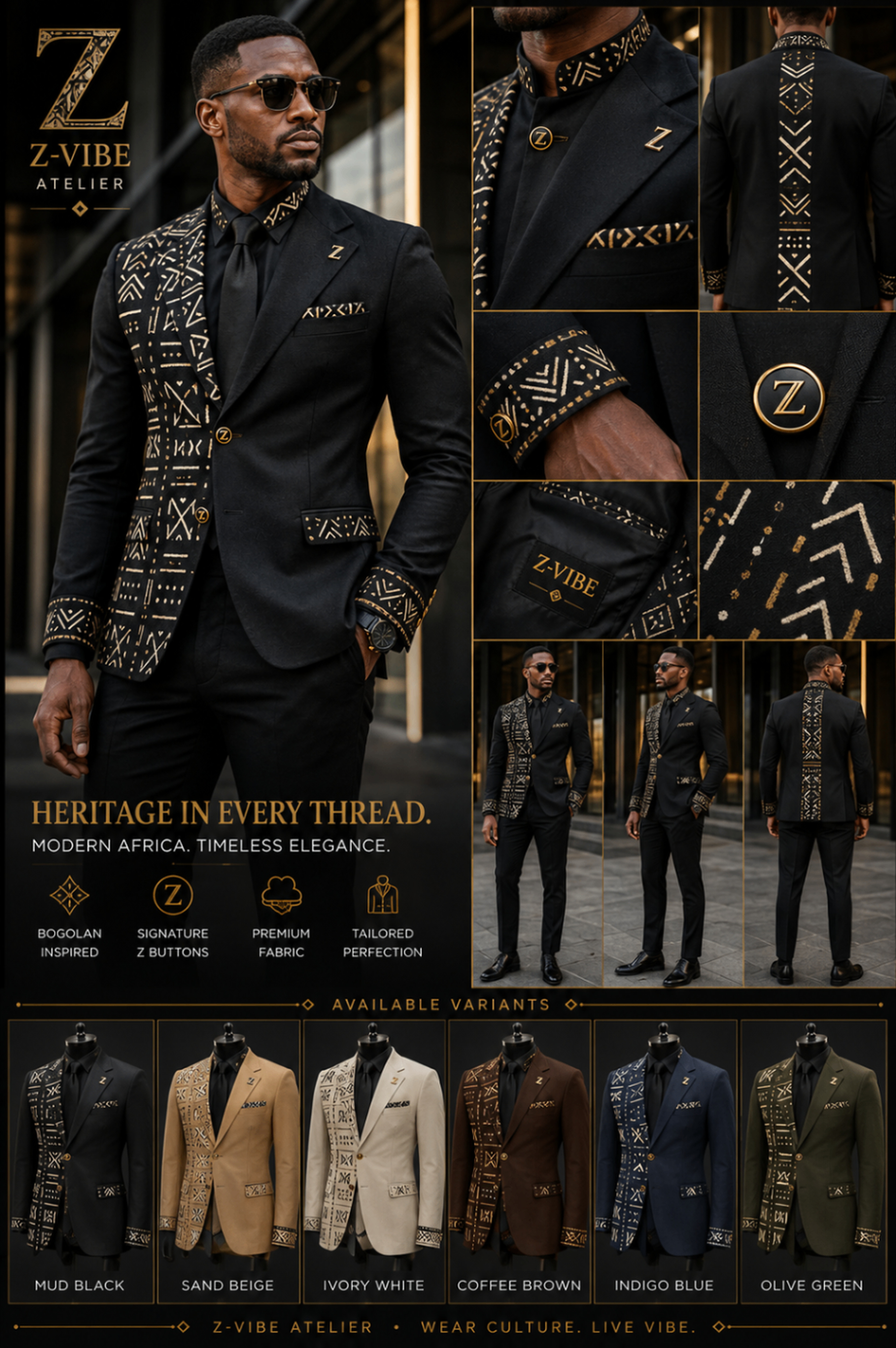 Men · Heritage in Every Thread™ — approved Z-Vibe design board with Bogolan detailing