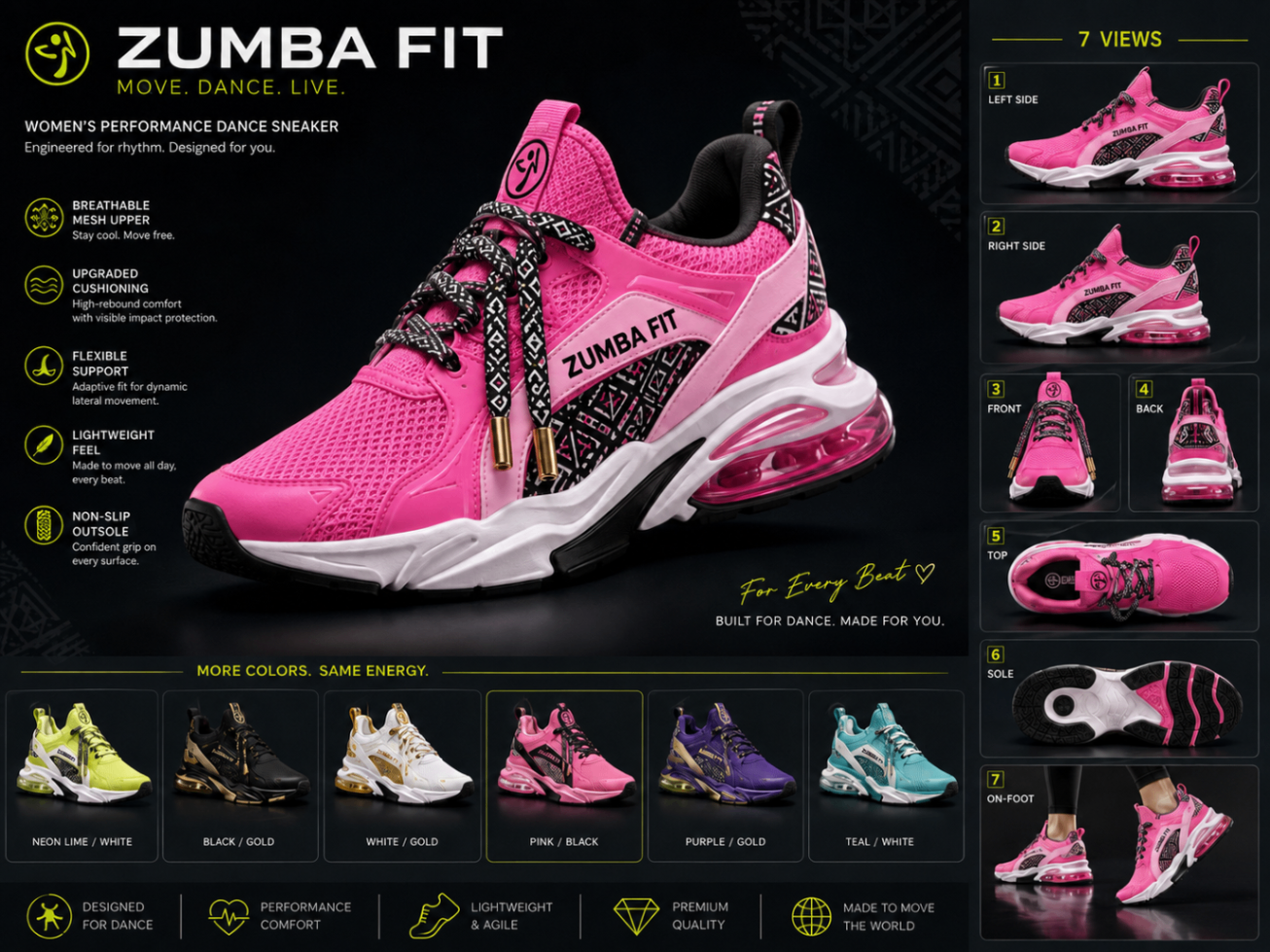 Fit Dance Sneaker — Pink Noir Seven-View Plate — Women — House · Fit Dance seven-view specification plate; showing 01 Front, 02 Left, 03 Right, 04 Back, 05 Interior, 06 Inner tags, 07 Fabric detail. — 01 Front, Pink / Black