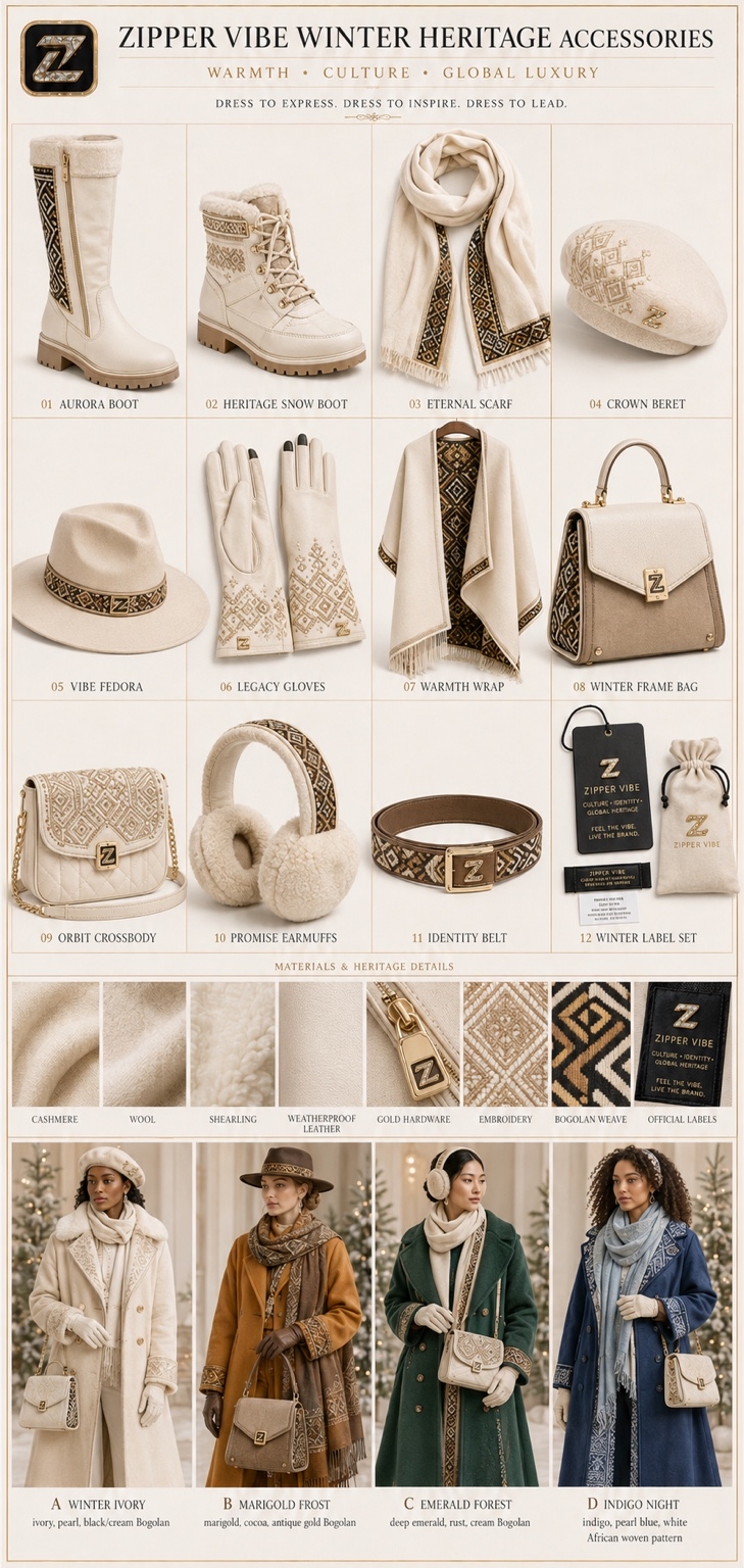01 Front — Winter Heritage Accessories — Accessories · Winter seven-view specification plate; showing 01 Front, 02 Left, 03 Right, 04 Back, 05 Interior, 06 Inner tags, 07 Fabric detail; made in Cashmere, wool, shearling, weatherproof leather, Bogolan mudcloth weave, gold hardware; shown in Winter Ivory, Marigold Frost, Emerald Forest, Indigo Night.