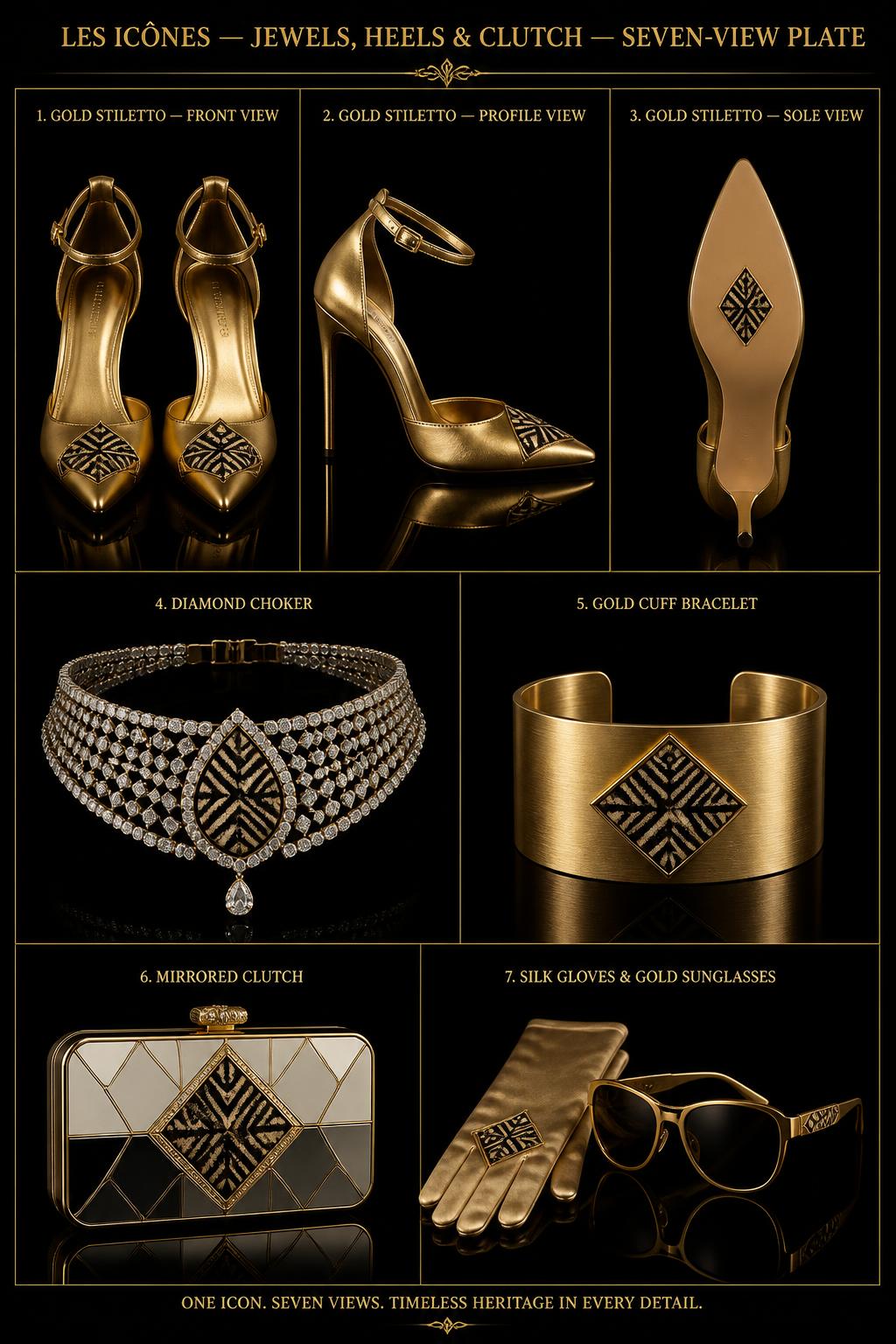 01 Front — Les Icônes™ Jewels, Heels & Clutch — Icônes · Regalia seven-view specification plate; showing 01 Front, 02 Left, 03 Right, 04 Back, 05 Interior, 06 Inner tags, 07 Fabric detail; made in Gilded calf, pavé diamond, solid gold cuff, mirrored resin, silk, Bogolan mudcloth inlay; shown in Bullion Gold, Obsidian Gold, Winter Ivory, Sable Noir.