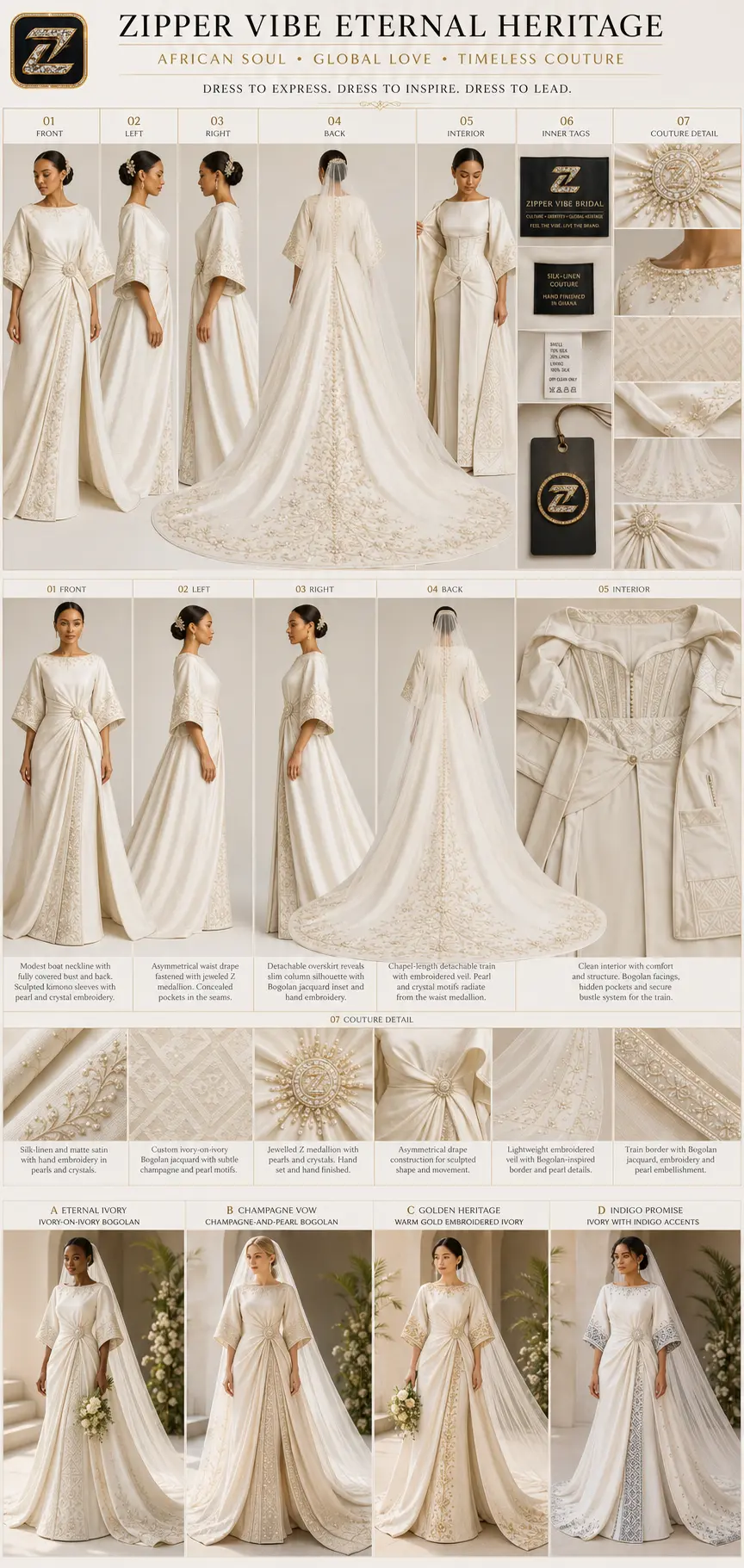 01 Front — Eternal Heritage Bridal — Atlas — Bridal · Couture seven-view specification plate; showing 01 Front, 02 Left, 03 Right, 04 Back, 05 Interior, 06 Inner tags, 07 Fabric detail; made in 70% silk / 30% linen, ivory-on-ivory Bogolan mudcloth jacquard, pearl work; shown in Eternal Ivory, Champagne Vow, Golden Heritage, Indigo Promise.