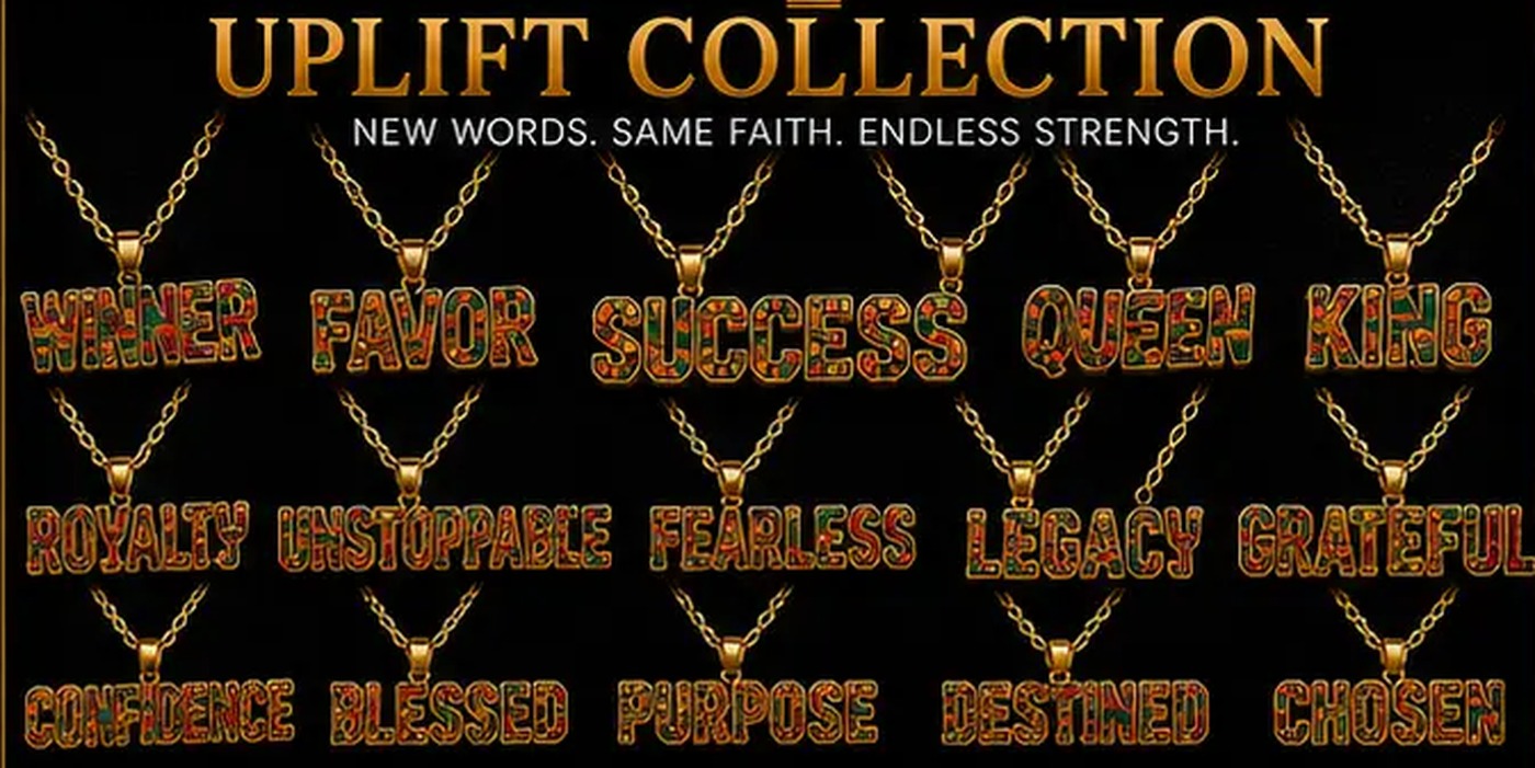 18K gold-plated word pendants — Faith, Grace, Legacy — cast by West African lost-wax and polished to a mirror in European fine-jewellery ateliers, styled with American everyday layering.