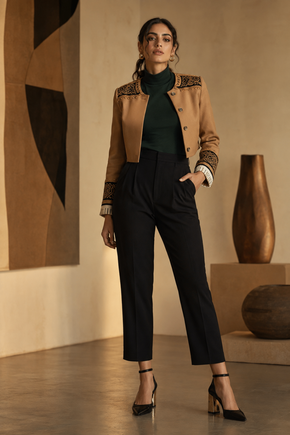 Camel Cropped Onyx Braid Jacket design board