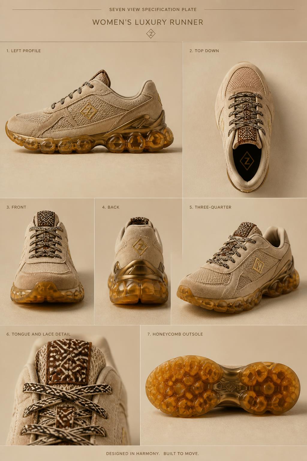 Z-Vibe Solar™ Honeycomb Runner — Women · Footwear seven-view specification plate; showing 01 Front, 02 Left, 03 Right, 04 Back, 05 Interior, 06 Inner tags, 07 Fabric detail; made in Sand suede, engineered mesh, Bogolan mudcloth tongue patch, amber honeycomb gel, bronze clip; shown in Solar Sand, Amber Dune, Bronze Earth, Indigo Mud, Obsidian Gold, Ivory Clear.