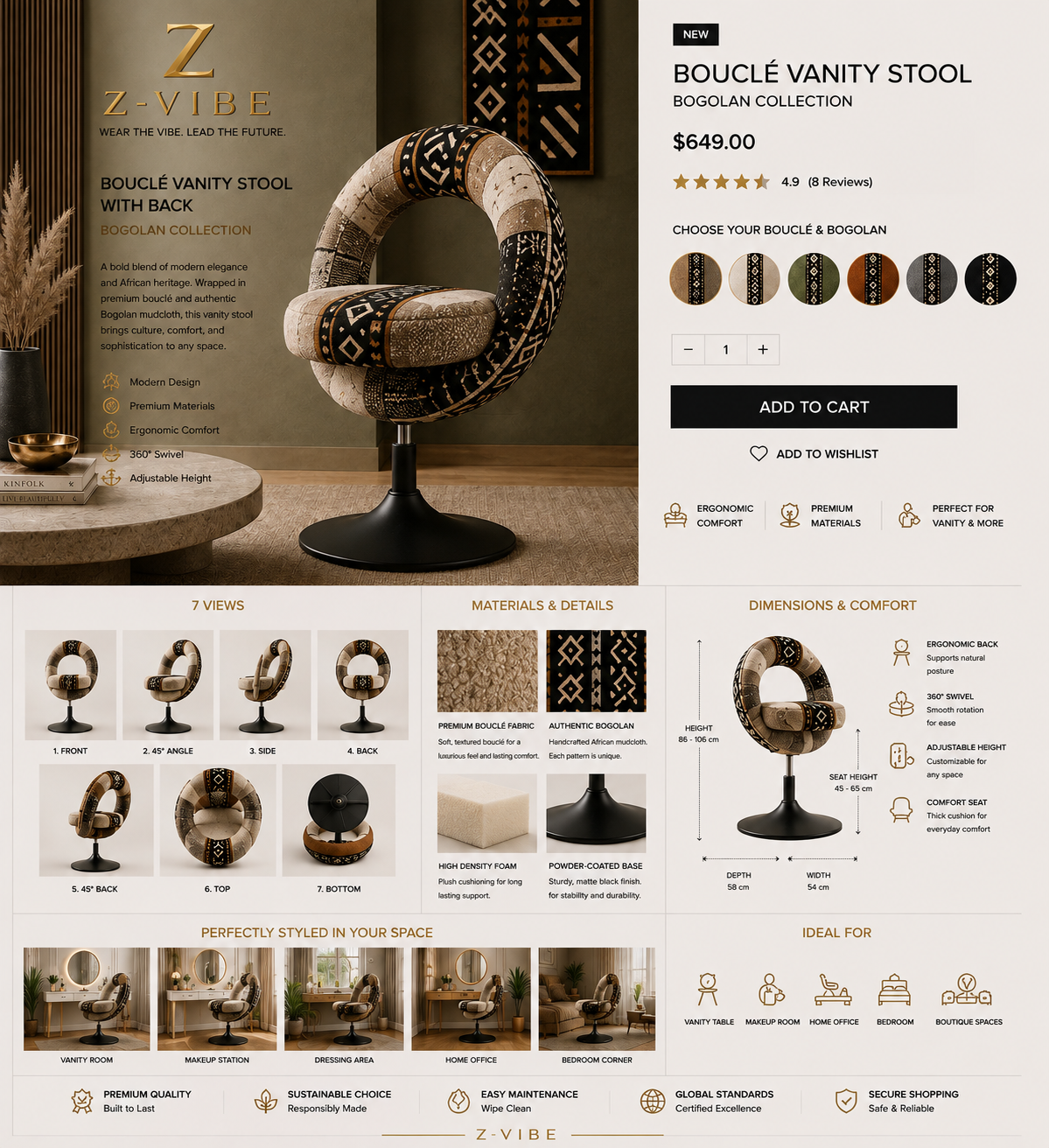 Bouclé Vanity Stool — Ivory design board