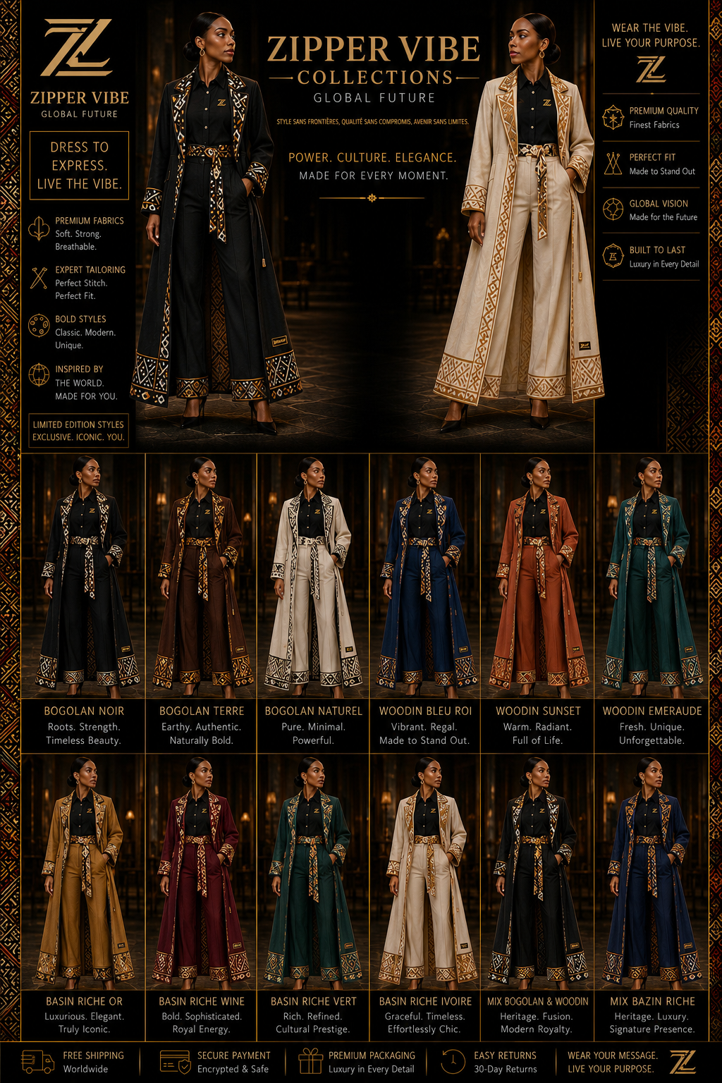 Women's floor-length dusters in Bogolan mudcloth, woodin and bazin riche