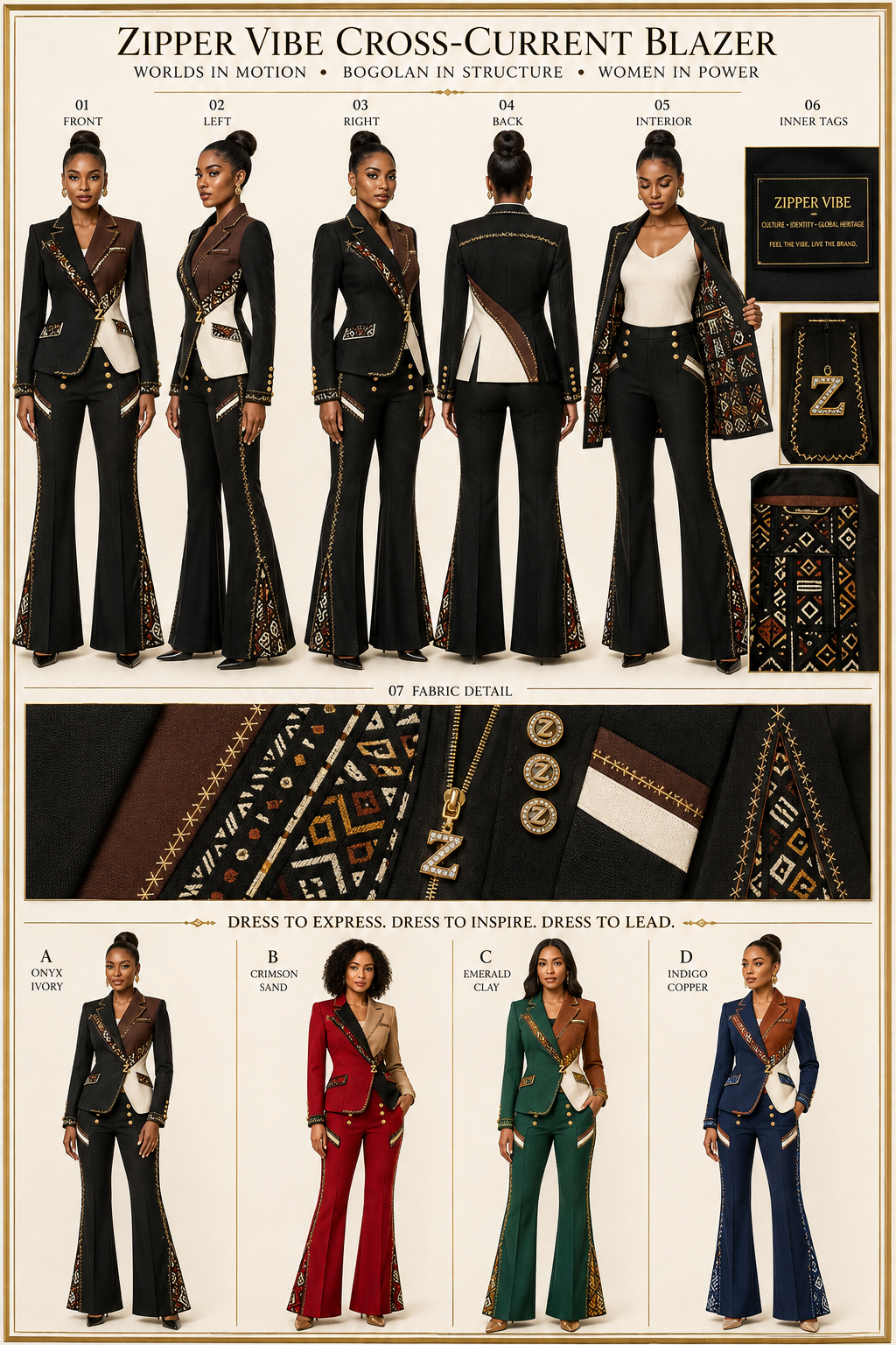 Zipper Vibe Cross-Current Blazer seven-view board with obsidian blazer, diagonal Bogolan mudcloth sash and flared trousers