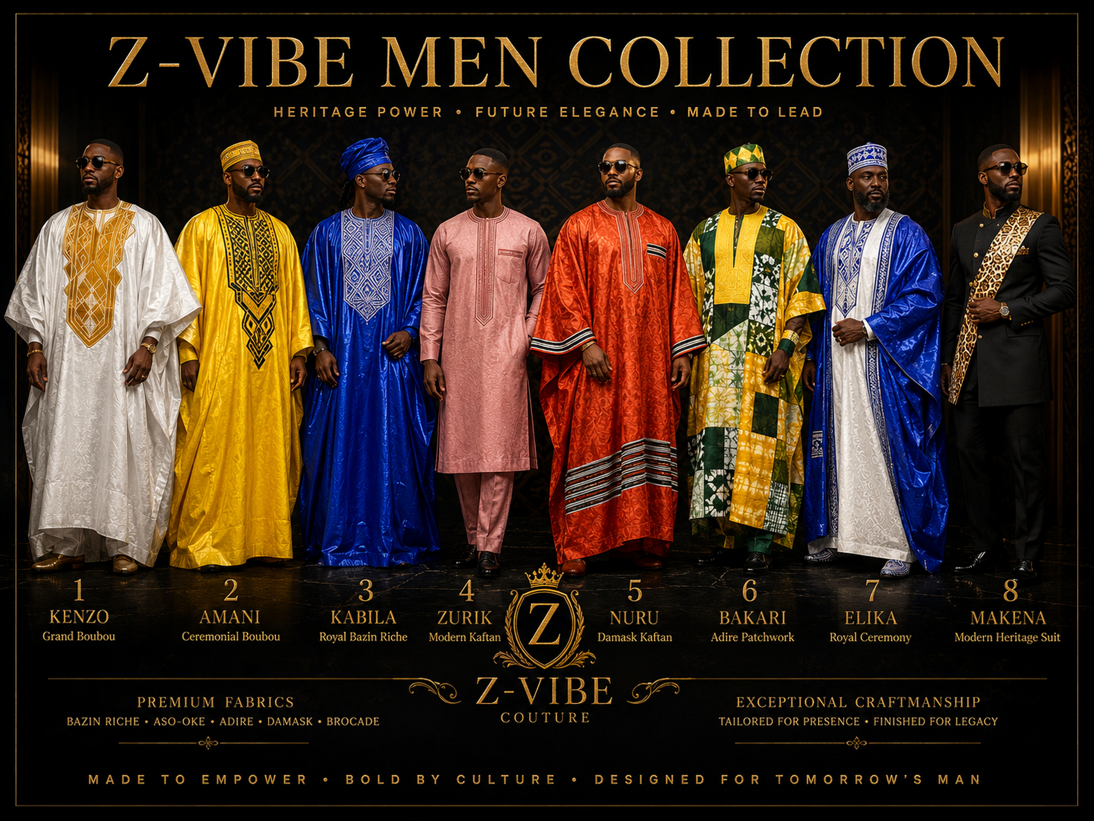 Zurik · Modern Kaftan — Men — House · Z-Vibe Maison™ · Men seven-view specification plate; showing 01 Front, 02 Left, 03 Right, 04 Back, 05 Interior, 06 Inner tags, 07 Fabric detail. — 01 Front, Blush