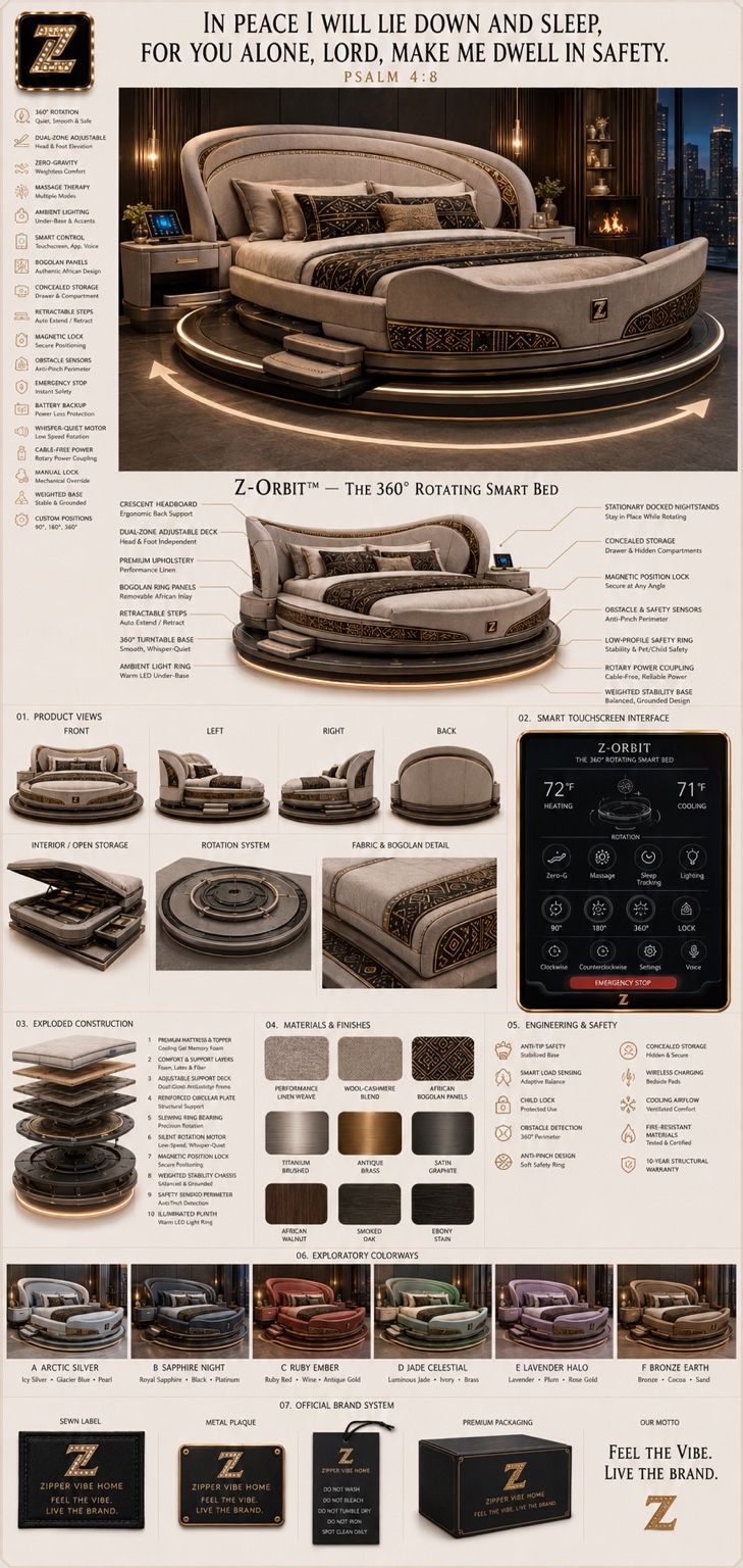Z-Orbit™ Rotation Atlas — Home · Rotation System seven-view specification plate; showing 01 Front, 02 Left, 03 Right, 04 Back, 05 Interior, 06 Inner tags, 07 Fabric detail; made in Cooling gel topper, dual-gloss circular plate, African walnut, smoked oak, ebony stain; shown in Arctic Silver, Sapphire Night, Ruby Ember, Jade Celestial, Lavender Halo, Bronze Earth.