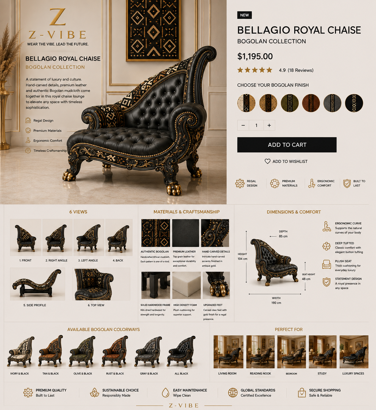 Bellagio Royal Chaise — Noir Tufted design board
