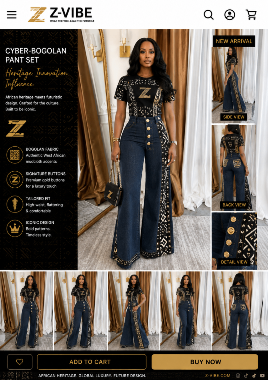 Cyber-Bogolan™ Denim Pant Set — Women · Denim seven-view specification plate; showing 01 Front, 02 Left, 03 Right, 04 Back, 05 Interior, 06 Inner tags, 07 Fabric detail. — 01 Front, Indigo Gold