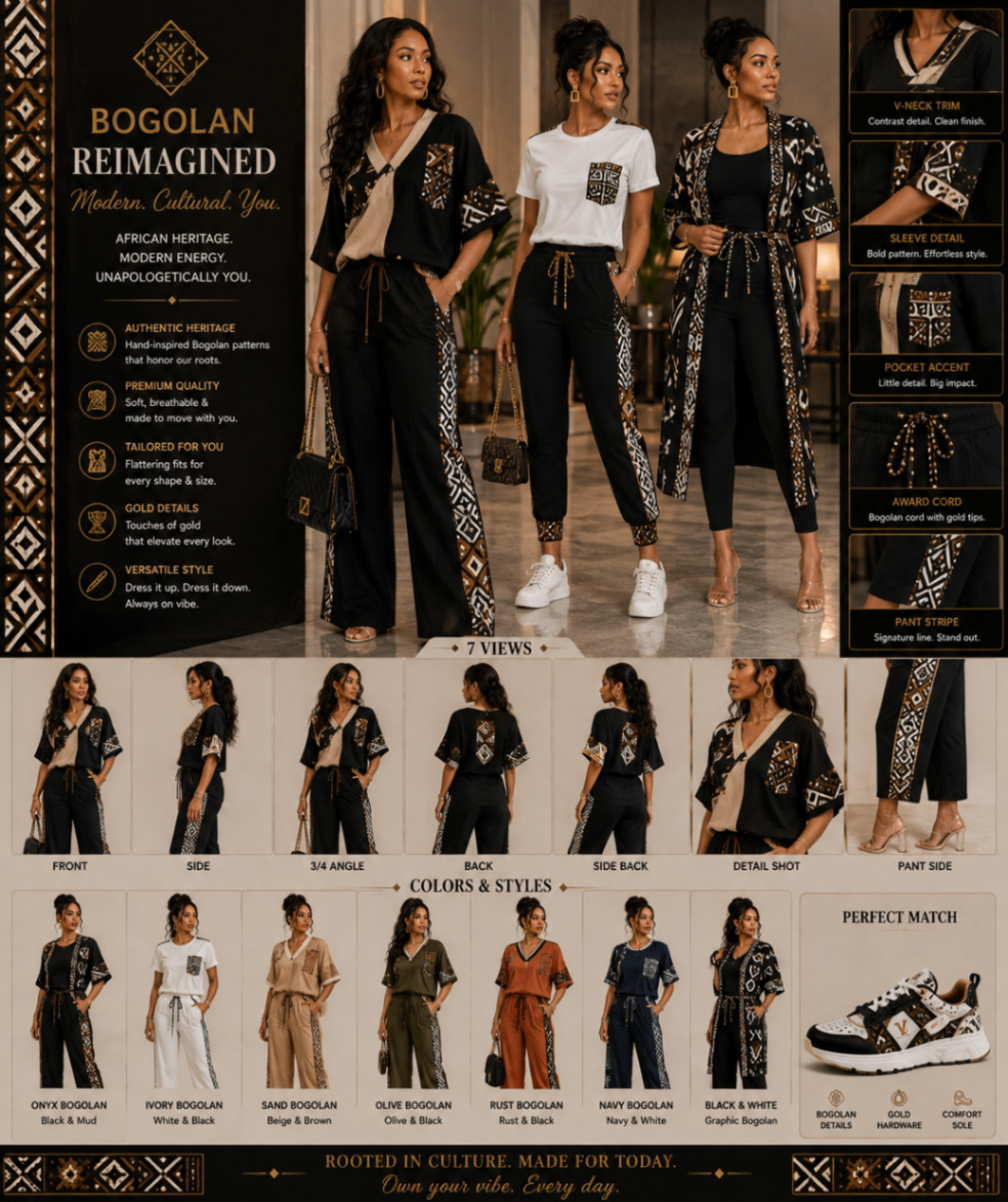 Bogolan mudcloth Reimagined™ Kimono Suite — Women · Bogolan mudcloth Atelier seven-view specification plate; showing 01 Front, 02 Left, 03 Right, 04 Back, 05 Interior, 06 Inner tags, 07 Fabric detail. — 01 Front, Onyx Bogolan mudcloth