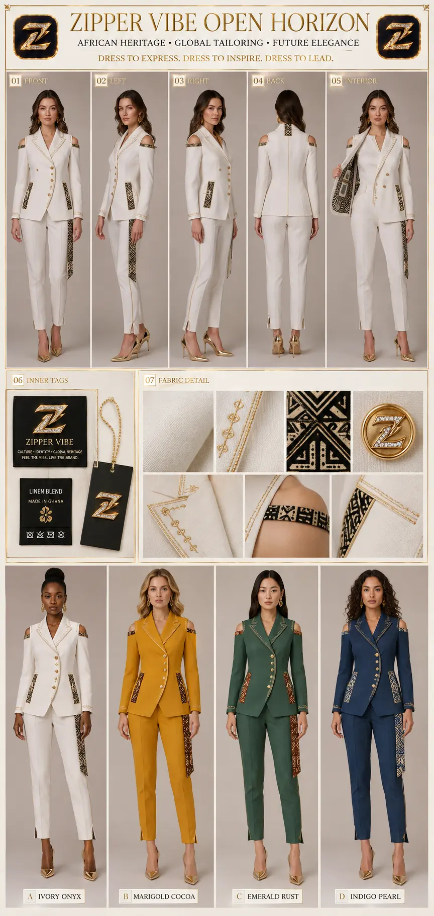 Open Horizon — Women · Tailoring seven-view specification plate; showing 01 Front, 02 Left, 03 Right, 04 Back, 05 Interior, 06 Inner tags, 07 Fabric detail.
