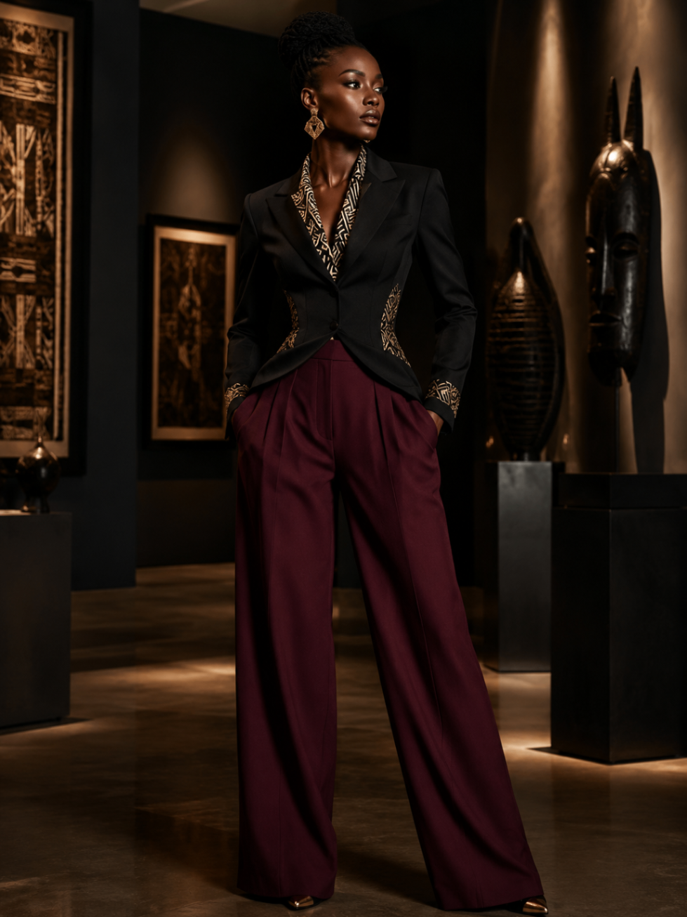 Onyx Bogolan Collar Burgundy Suit design board