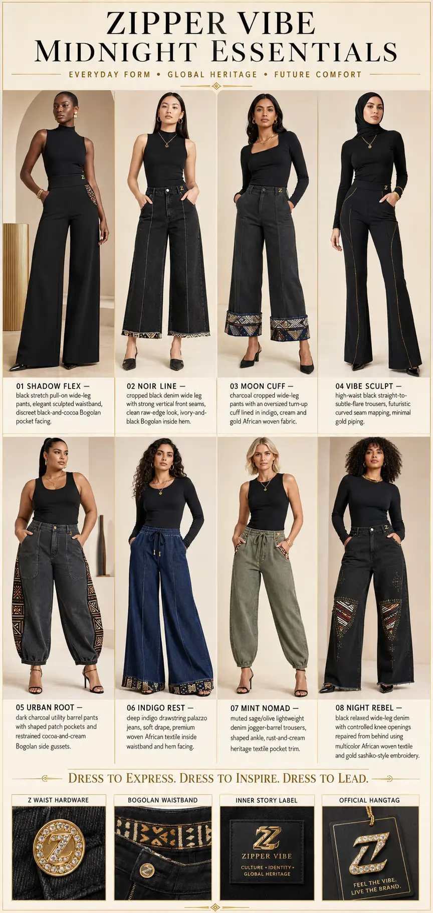 Midnight Essentials — Women · Everyday Form seven-view specification plate; showing 01 Front, 02 Left, 03 Right, 04 Back, 05 Interior, 06 Inner tags, 07 Fabric detail.