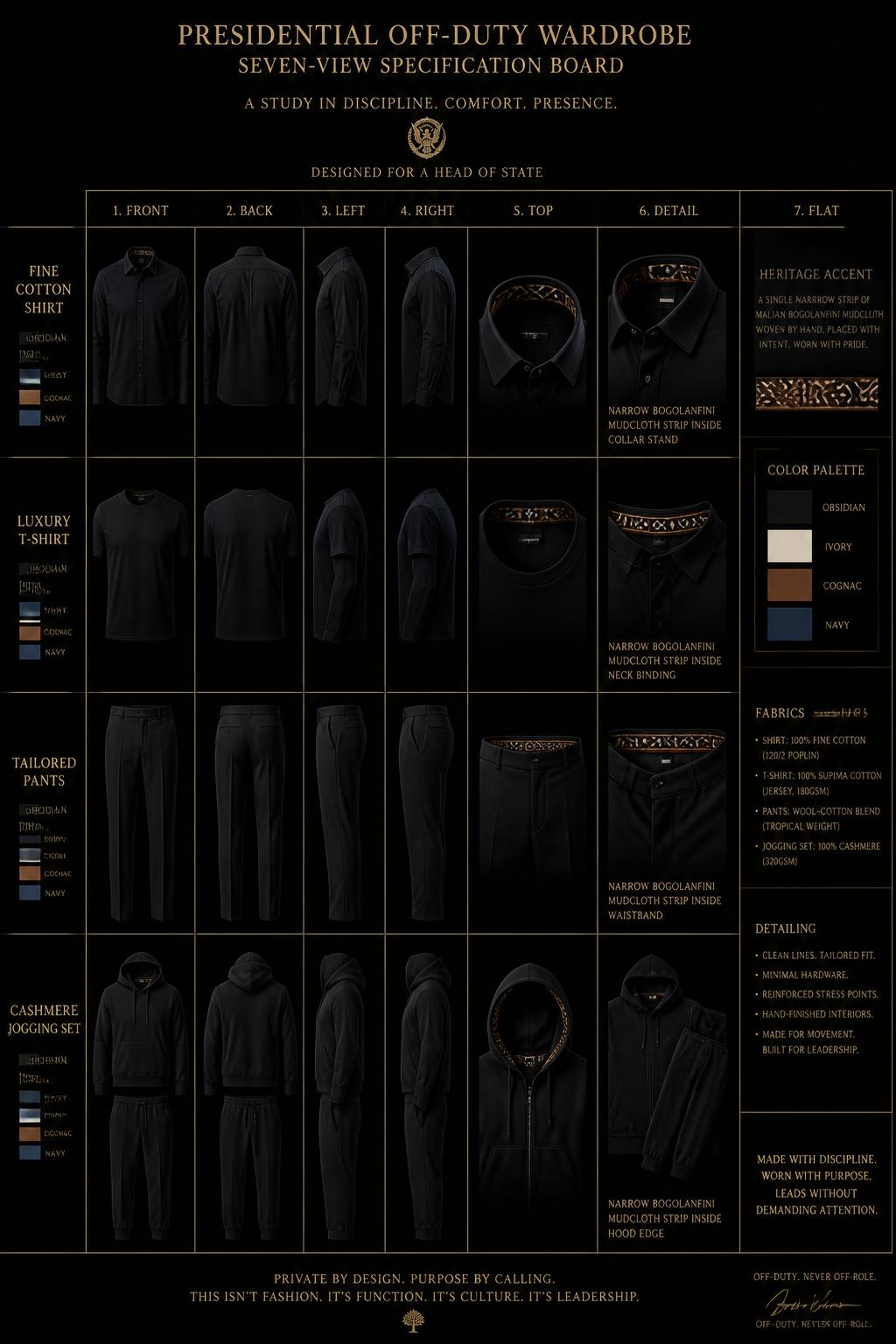 Présidentiel™ Off-Duty Wardrobe — Royalty · Présidentiel seven-view specification plate; showing 01 Front, 02 Left, 03 Right, 04 Back, 05 Interior, 06 Inner tags, 07 Fabric detail. — 01 Front, Obsidian