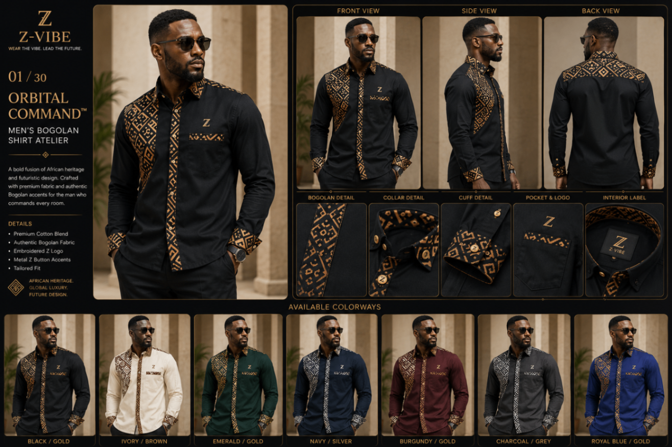 Men · Z-Vibe Atelier Shirts™ XIII — approved Z-Vibe design board with Bogolan detailing