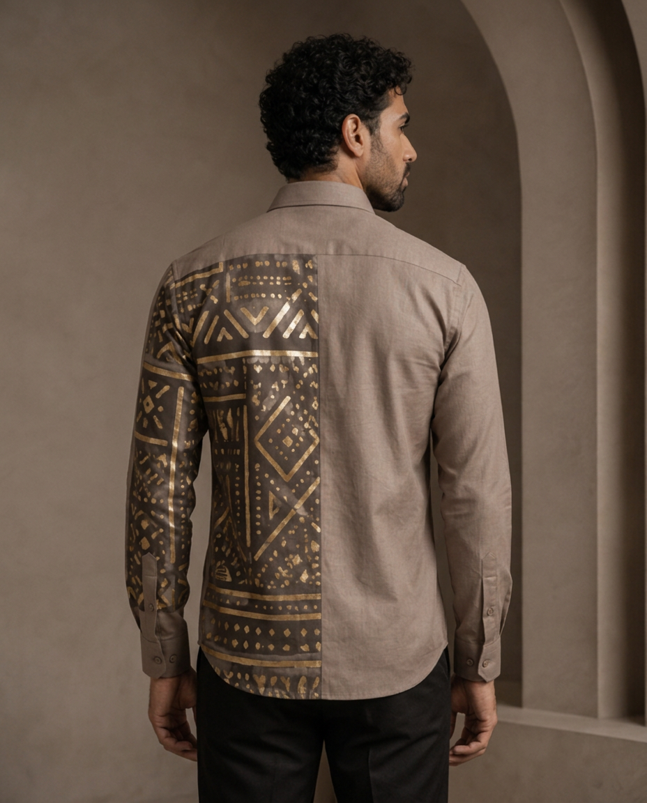 Taupe Gold Panel Shirt — Men, 04 Back (view 4 of 7). Back view: yoke, centre seam and the hem finish.