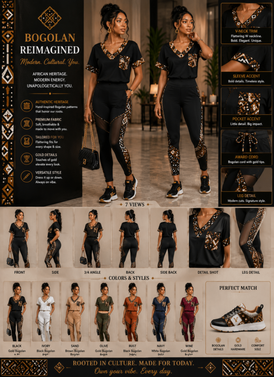 Bogolan mudcloth Reimagined™ Sheer Line Set — Women · Bogolan mudcloth Atelier seven-view specification plate; showing 01 Front, 02 Left, 03 Right, 04 Back, 05 Interior, 06 Inner tags, 07 Fabric detail. — 01 Front, Black Gold