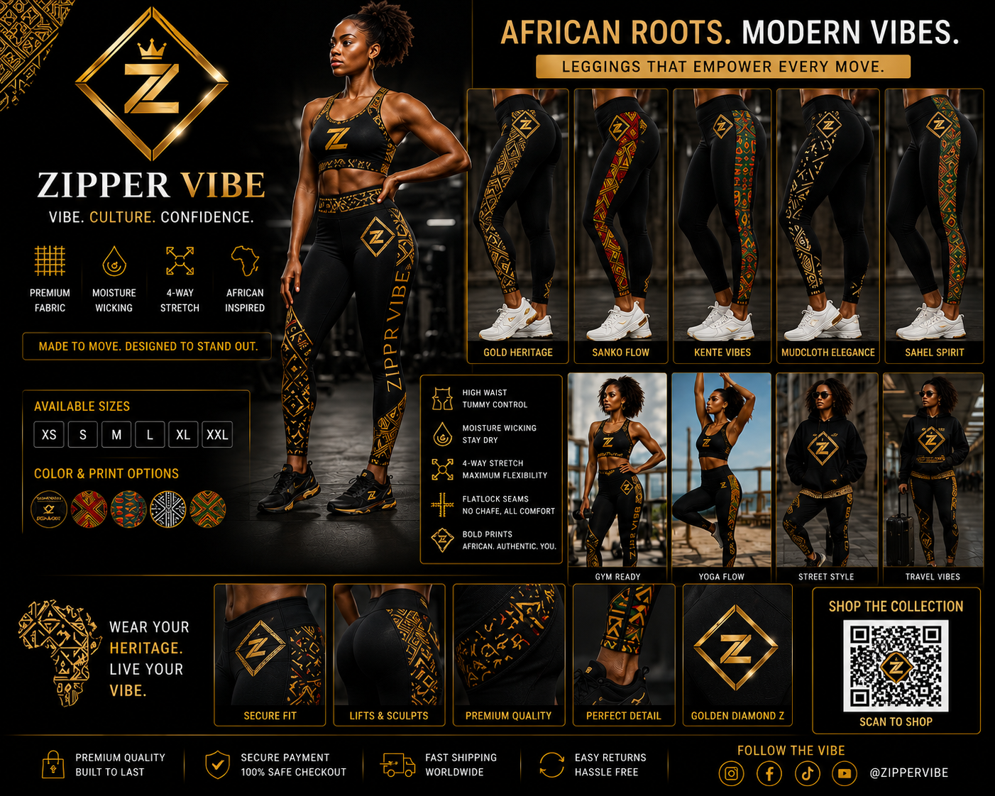 Heritage-printed leggings worn for gym, yoga, street and travel