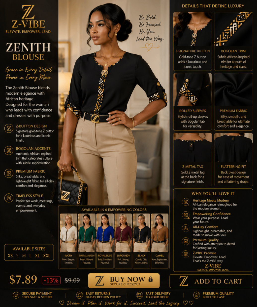 Zenith Blouse — Women — House · Z-Vibe Signature Collection seven-view specification plate; showing 01 Front, 02 Left, 03 Right, 04 Back, 05 Interior, 06 Inner tags, 07 Fabric detail. — 01 Front, Ivory