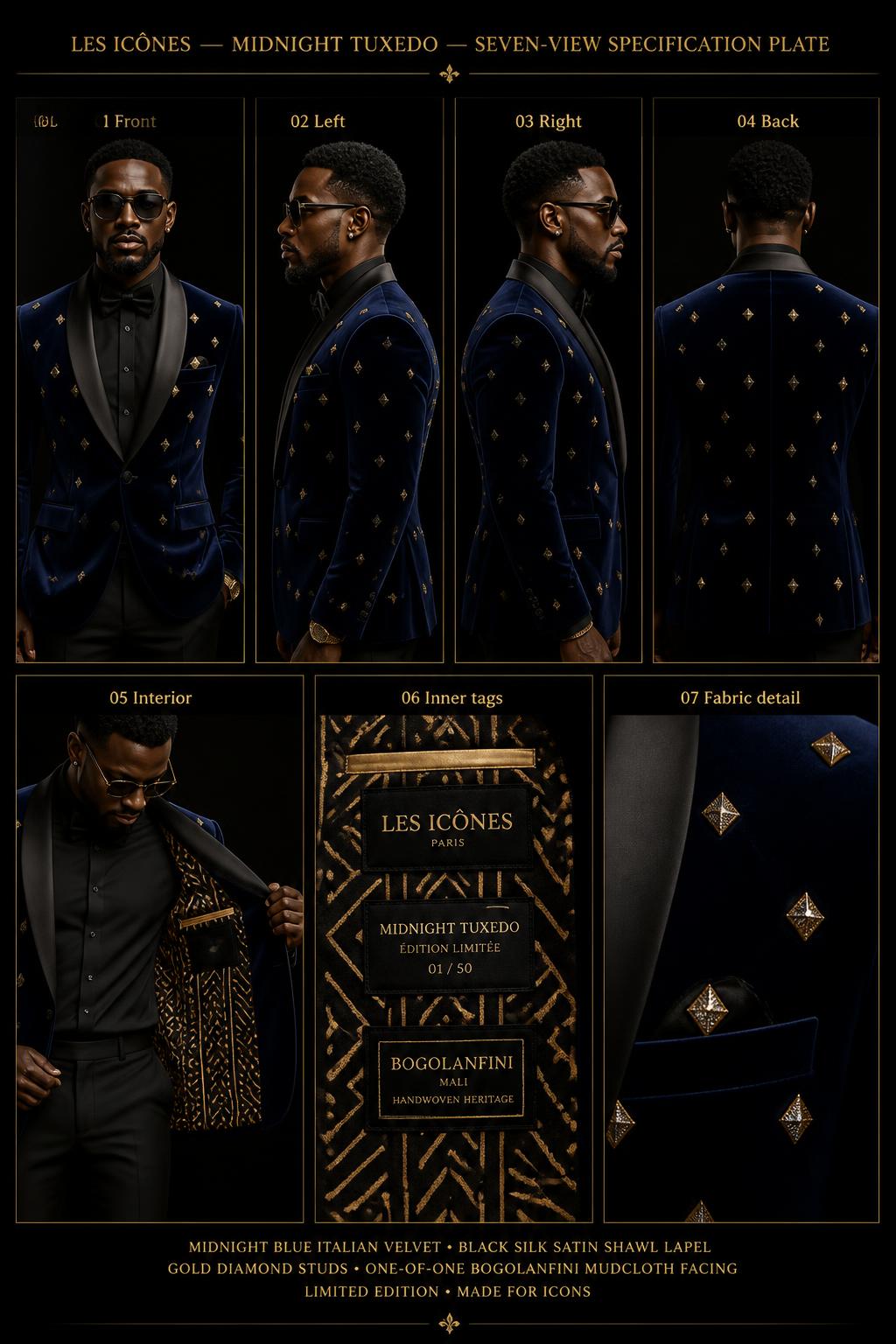 Les Icônes™ Midnight Tuxedo — Icônes · Red Carpet seven-view specification plate; showing 01 Front, 02 Left, 03 Right, 04 Back, 05 Interior, 06 Inner tags, 07 Fabric detail. — 01 Front, Midnight Velvet