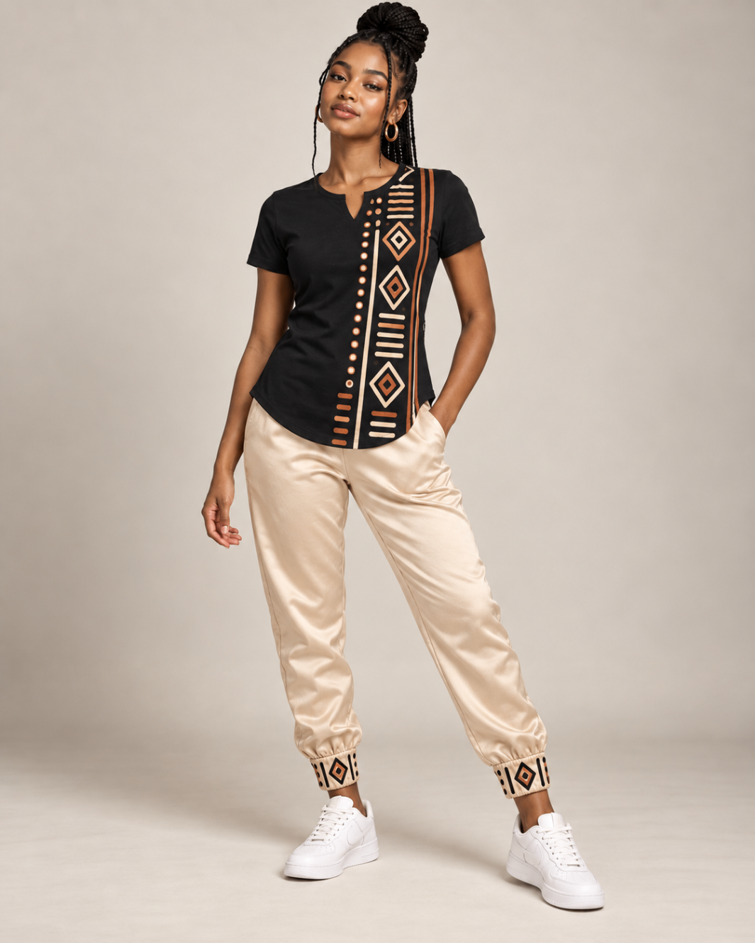 Black Column Tee & Champagne Satin Joggers — Women — House · Z-Vibe Bogolan Lounge™ seven-view specification plate; showing 01 Front, 02 Left, 03 Right, 04 Back, 05 Interior, 06 Inner tags, 07 Fabric detail. — 01 Front, Black / Champagne