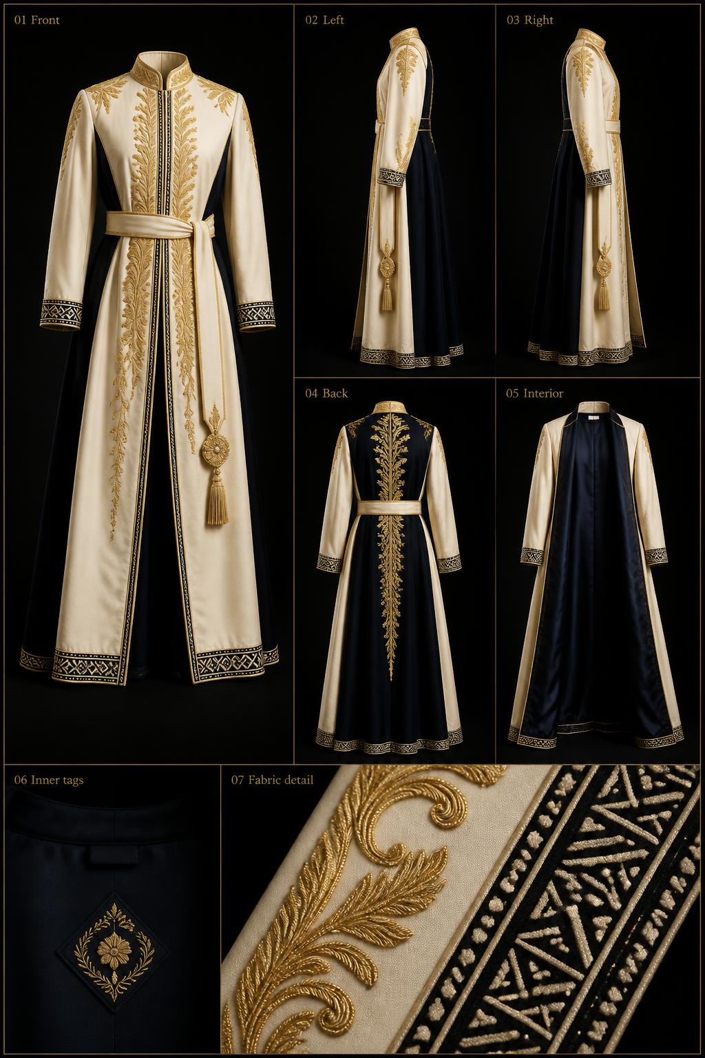 Présidentiel™ State Robe — Royalty · Head of State seven-view specification plate; showing 01 Front, 02 Left, 03 Right, 04 Back, 05 Interior, 06 Inner tags, 07 Fabric detail. — 01 Front, Ivory State